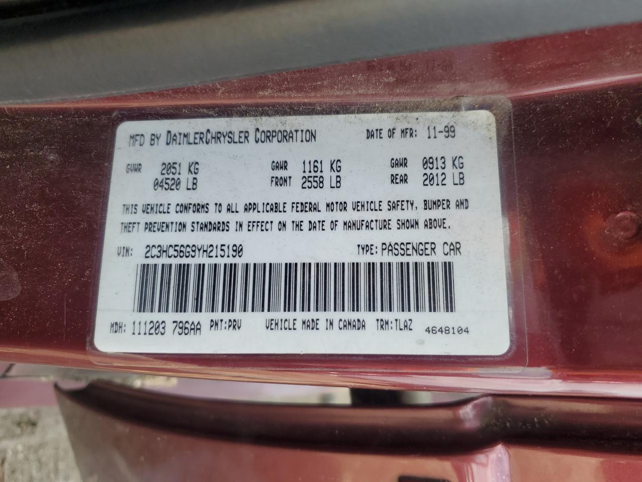 2000 Chrysler Lhs Burgundy vin: 2C3HC56G9YH215190