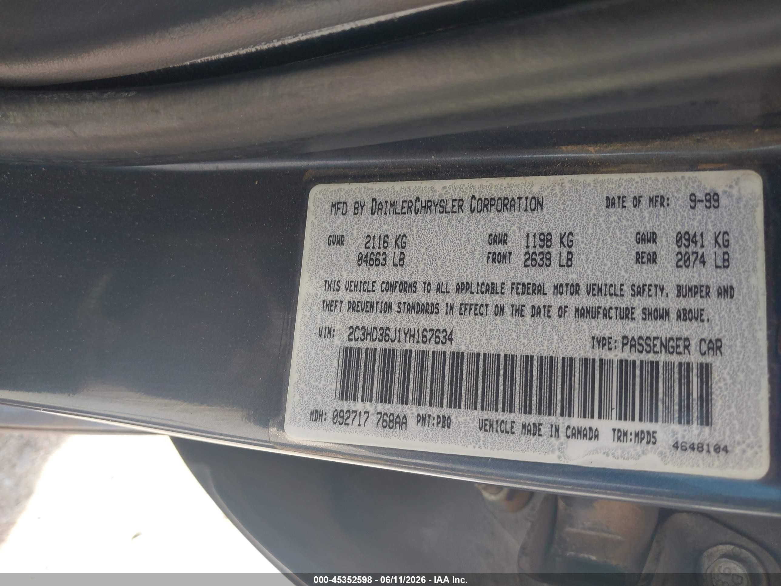 2000 Chrysler Concorde Lxi Gray vin: 2C3HD36J1YH167634