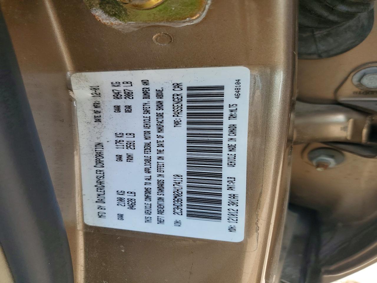 2002 Chrysler Concorde Lxi Gold vin: 2C3HD36M02H174110