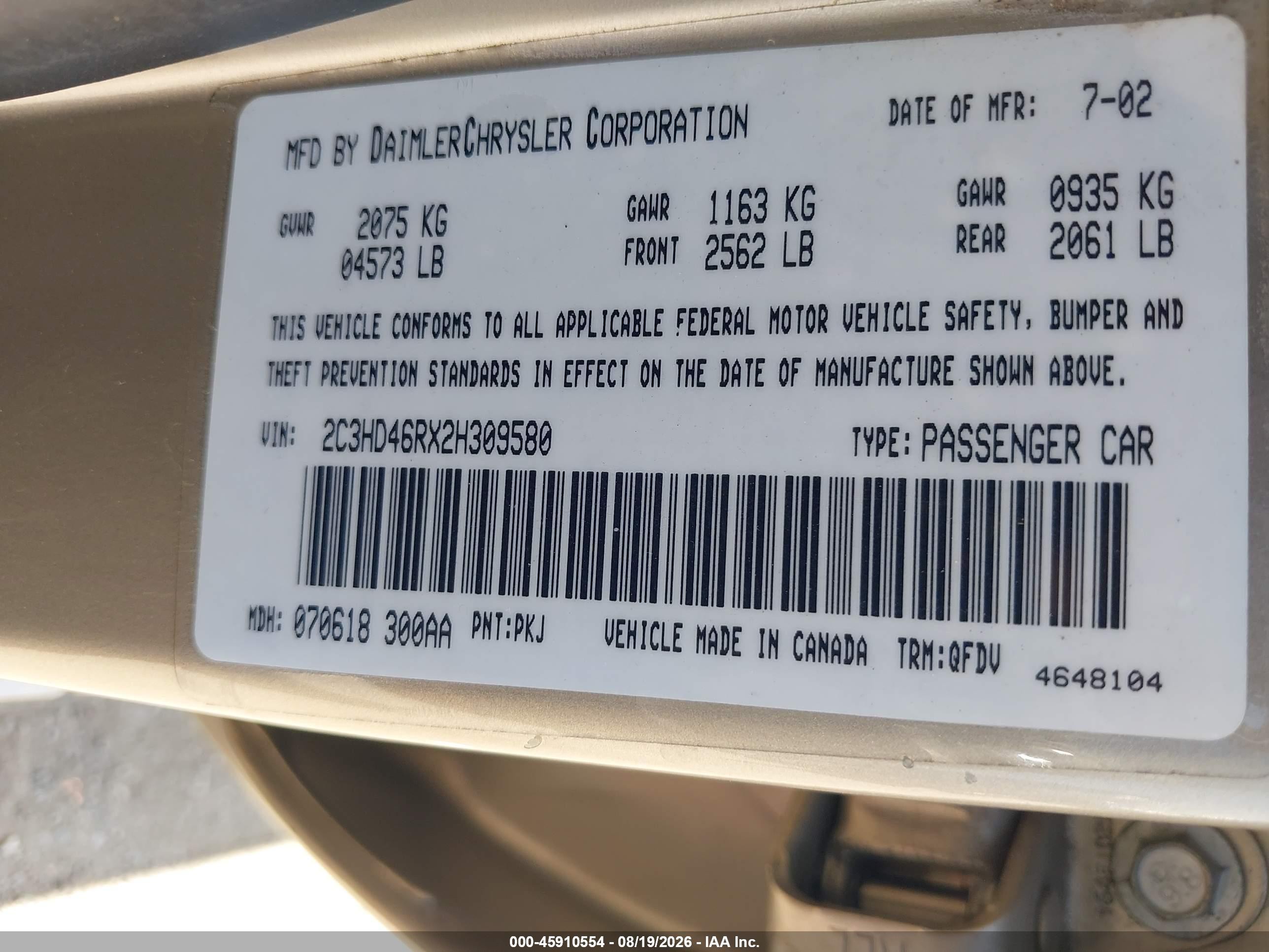 2002 Chrysler Concorde Lx Gold vin: 2C3HD46RX2H309580
