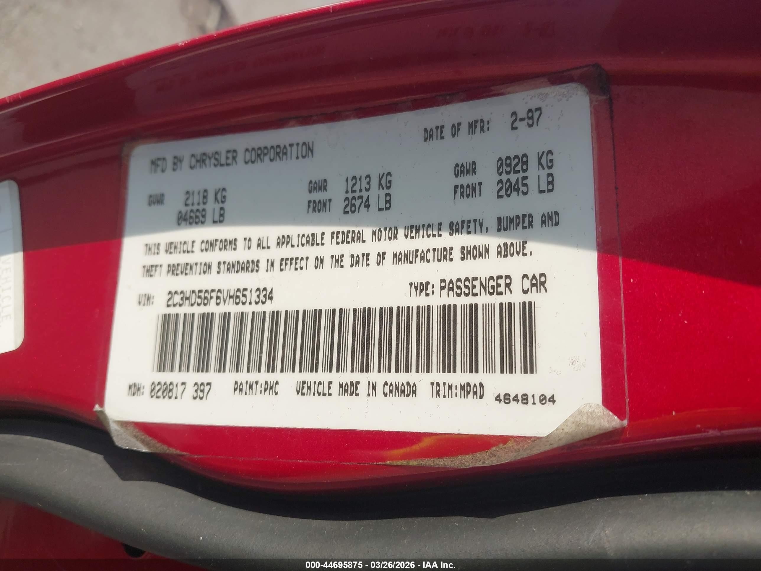 1997 Chrysler Concorde Lx Red vin: 2C3HD56F6VH651334
