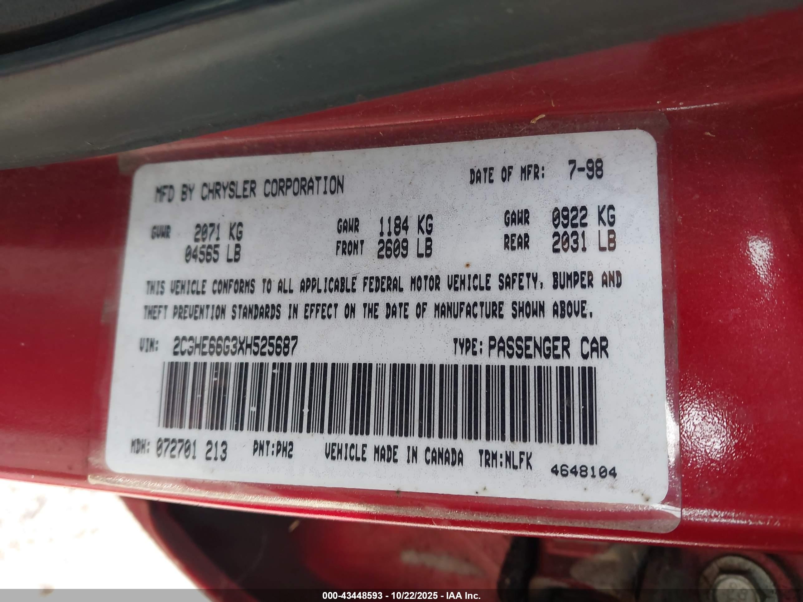 1999 Chrysler 300m   Красный vin: 2C3HE66G3XH525687