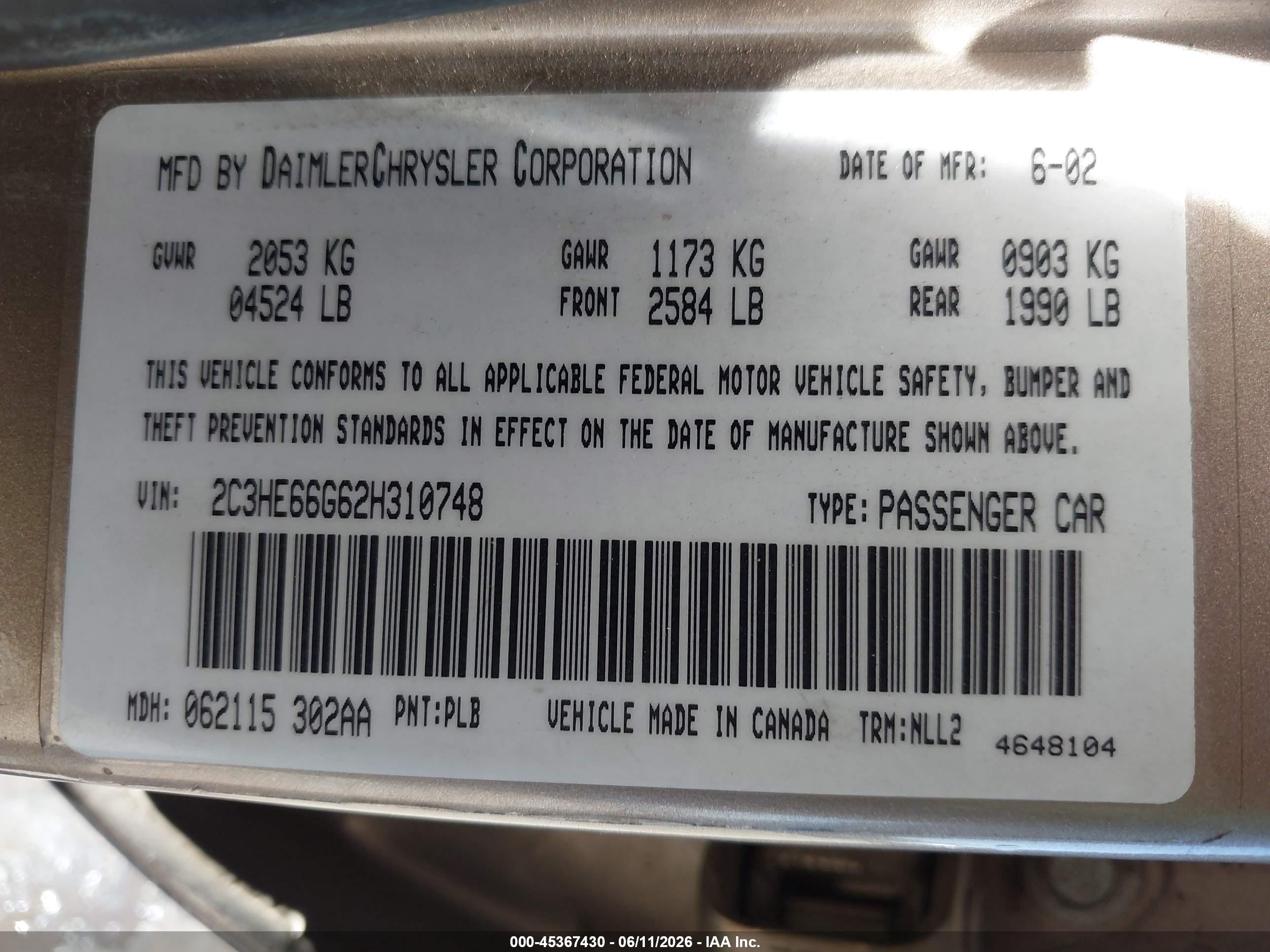2002 Chrysler 300m   Purple vin: 2C3HE66G62H310748