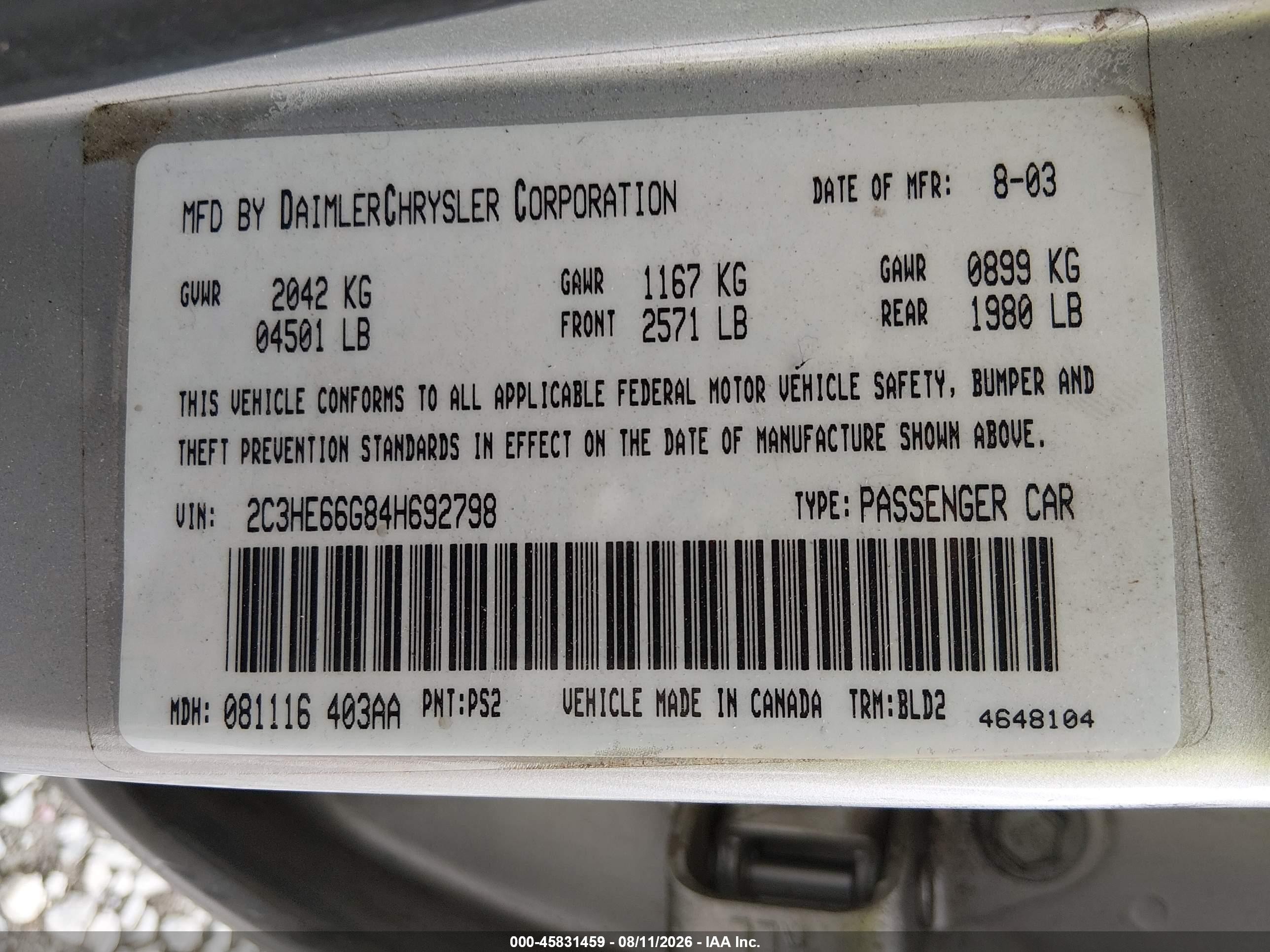 2004 Chrysler 300m   Silver vin: 2C3HE66G84H692798