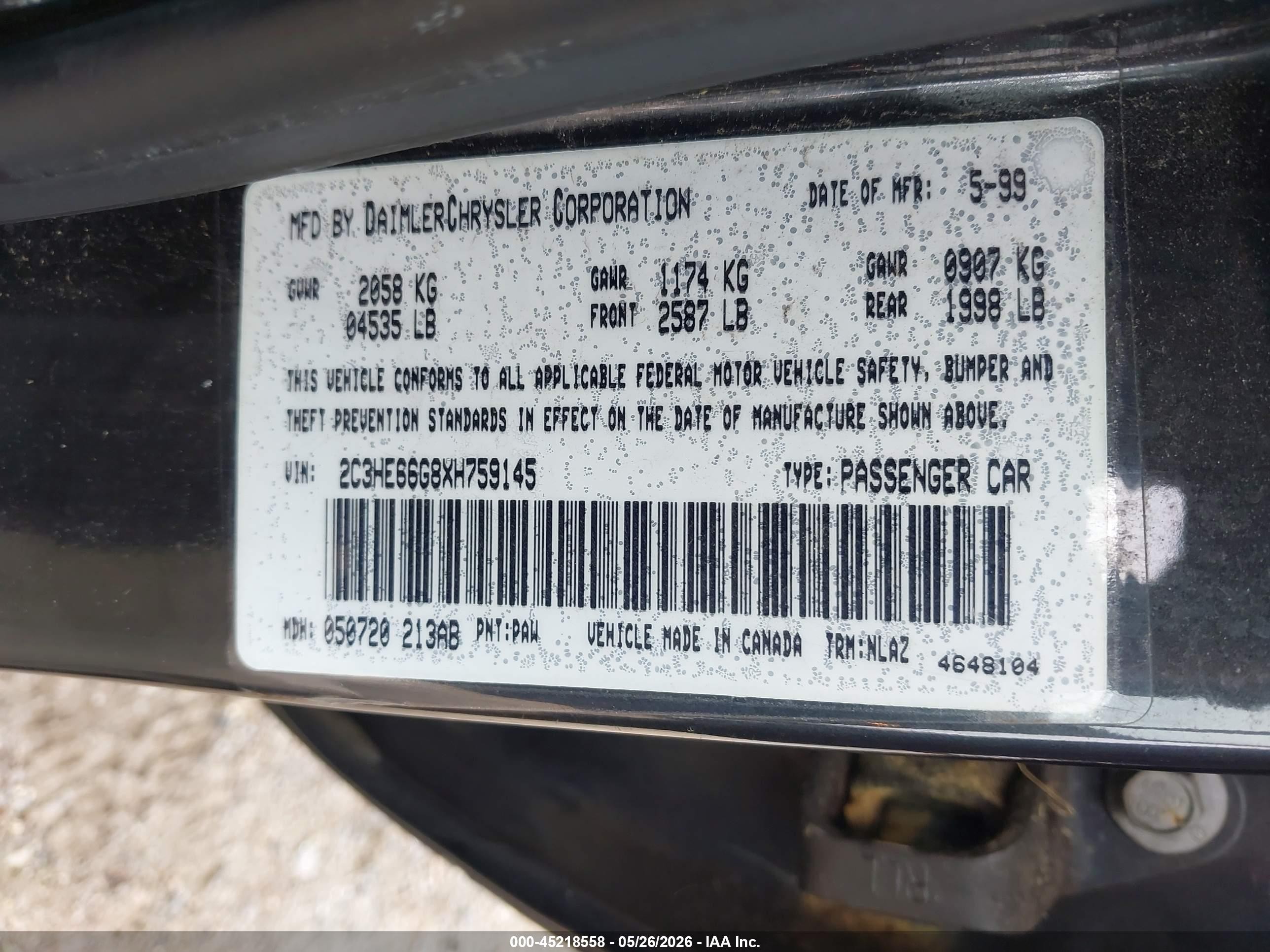1999 Chrysler 300m Black vin: 2C3HE66G8XH759145