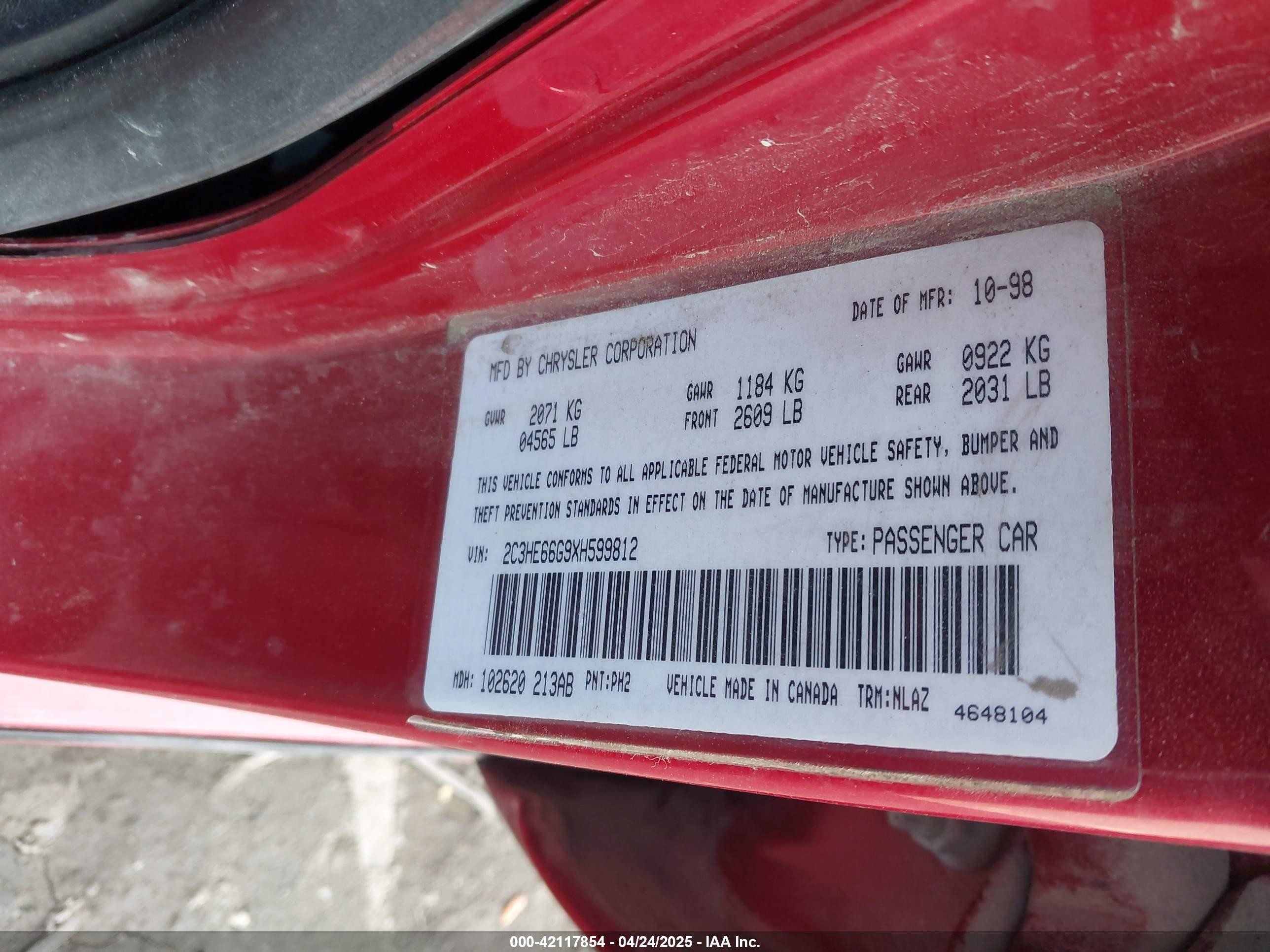 1999 Chrysler 300m   Red vin: 2C3HE66G9XH599812