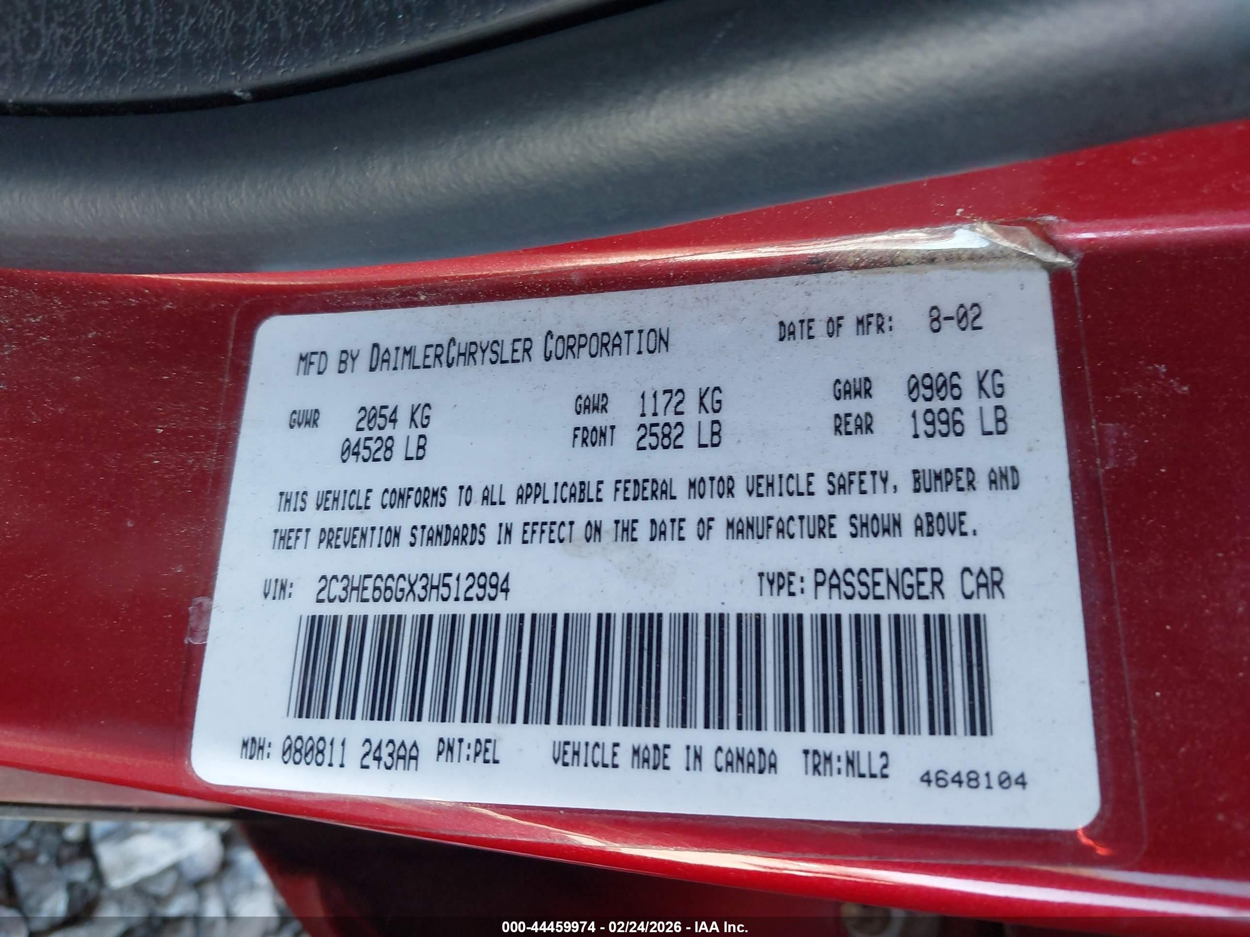 2003 Chrysler 300m   Red vin: 2C3HE66GX3H512994