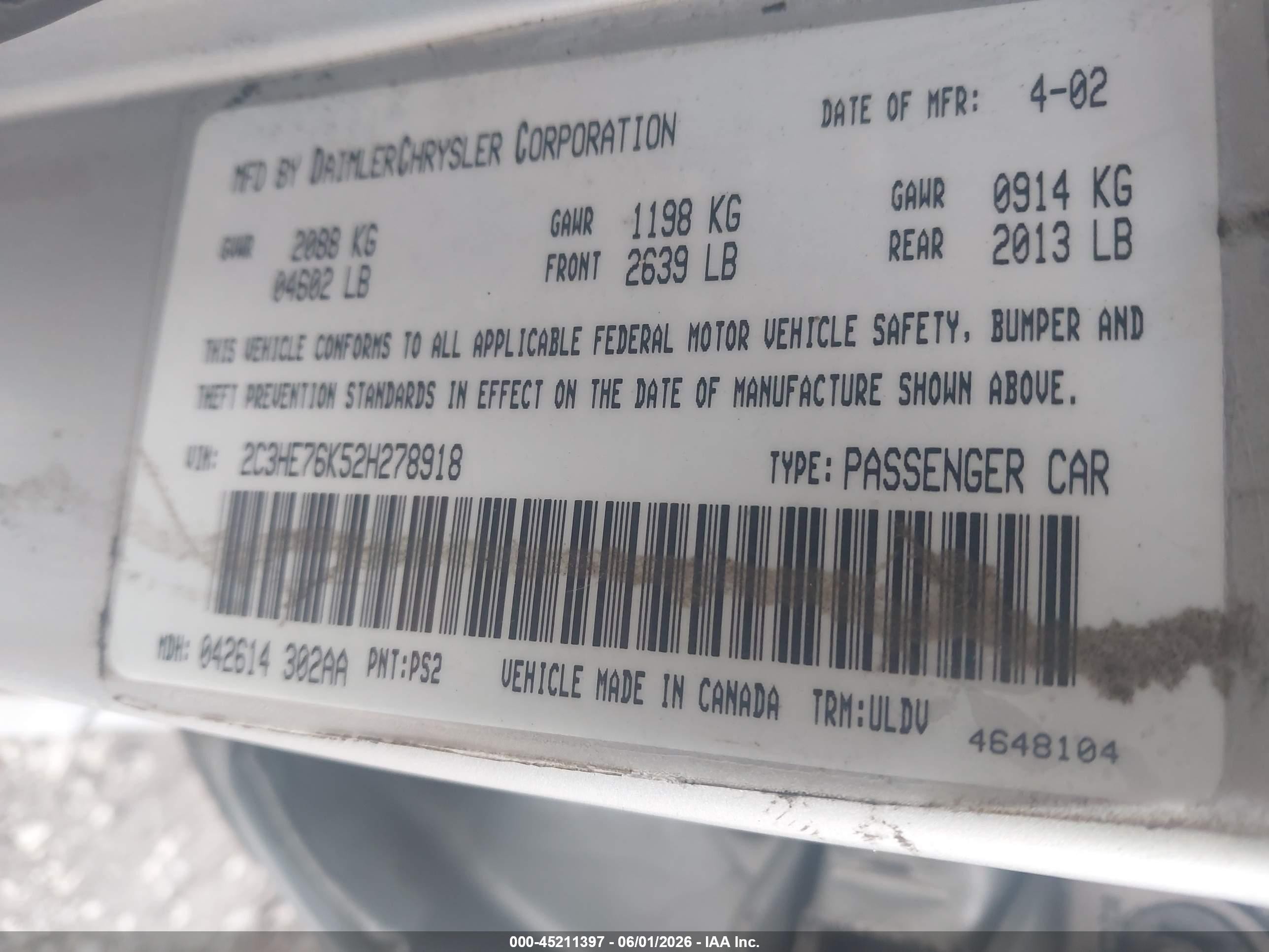 2002 Chrysler 300m Special Edition Серебряный vin: 2C3HE76K52H278918