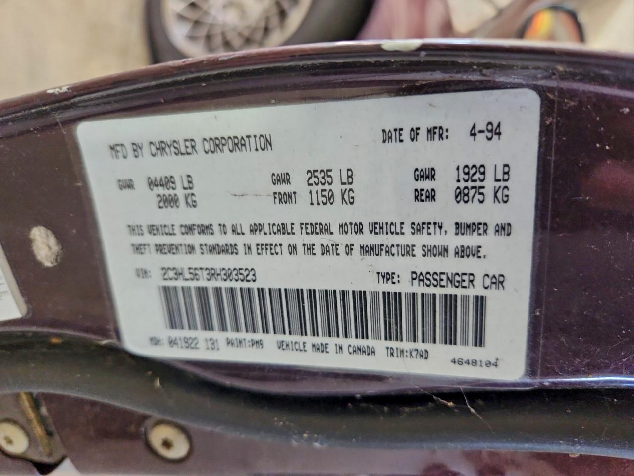 1994 Chrysler Concorde Purple vin: 2C3HL56T3RH303523