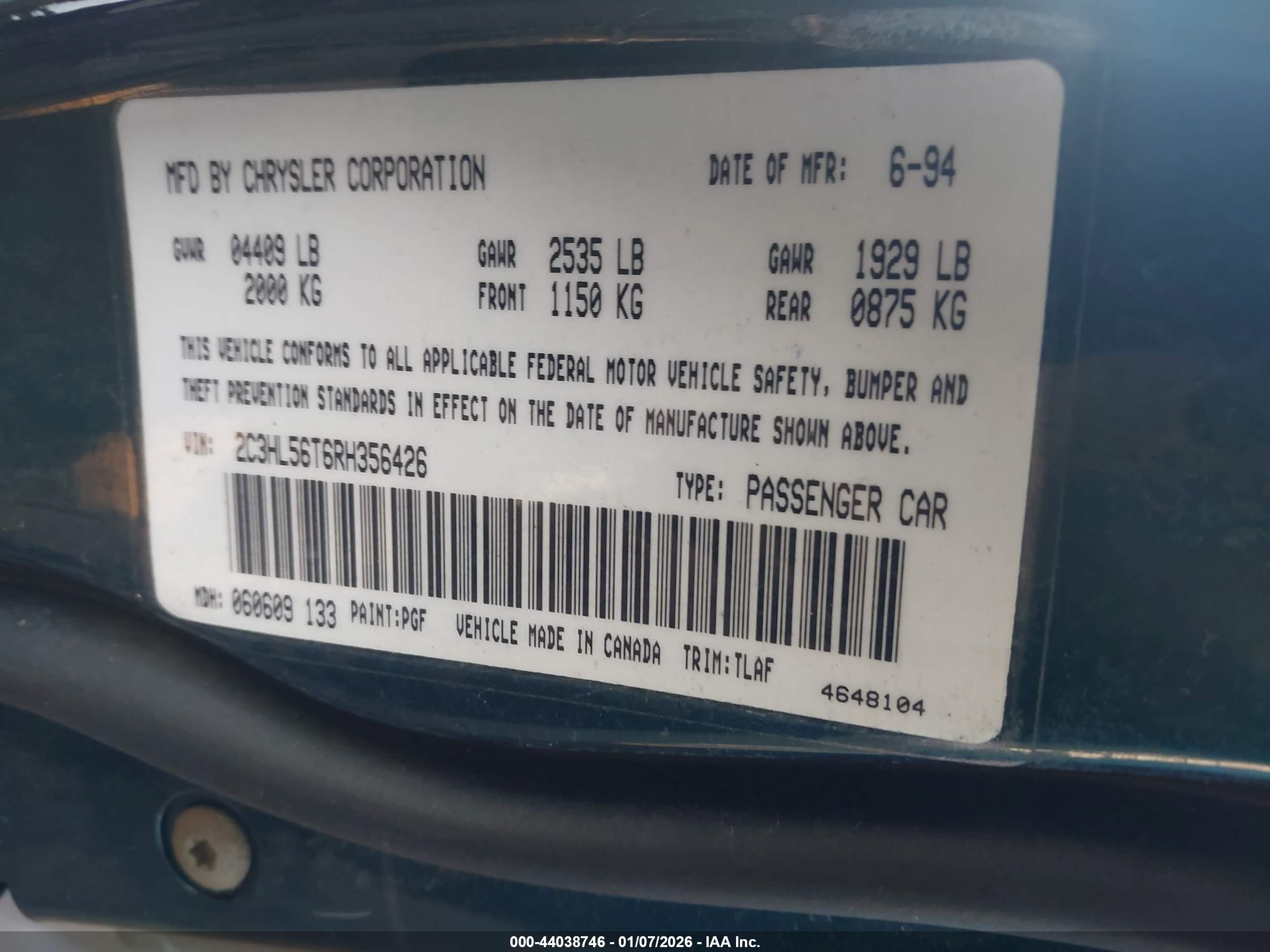 1994 Chrysler Concorde   Green vin: 2C3HL56T6RH356426