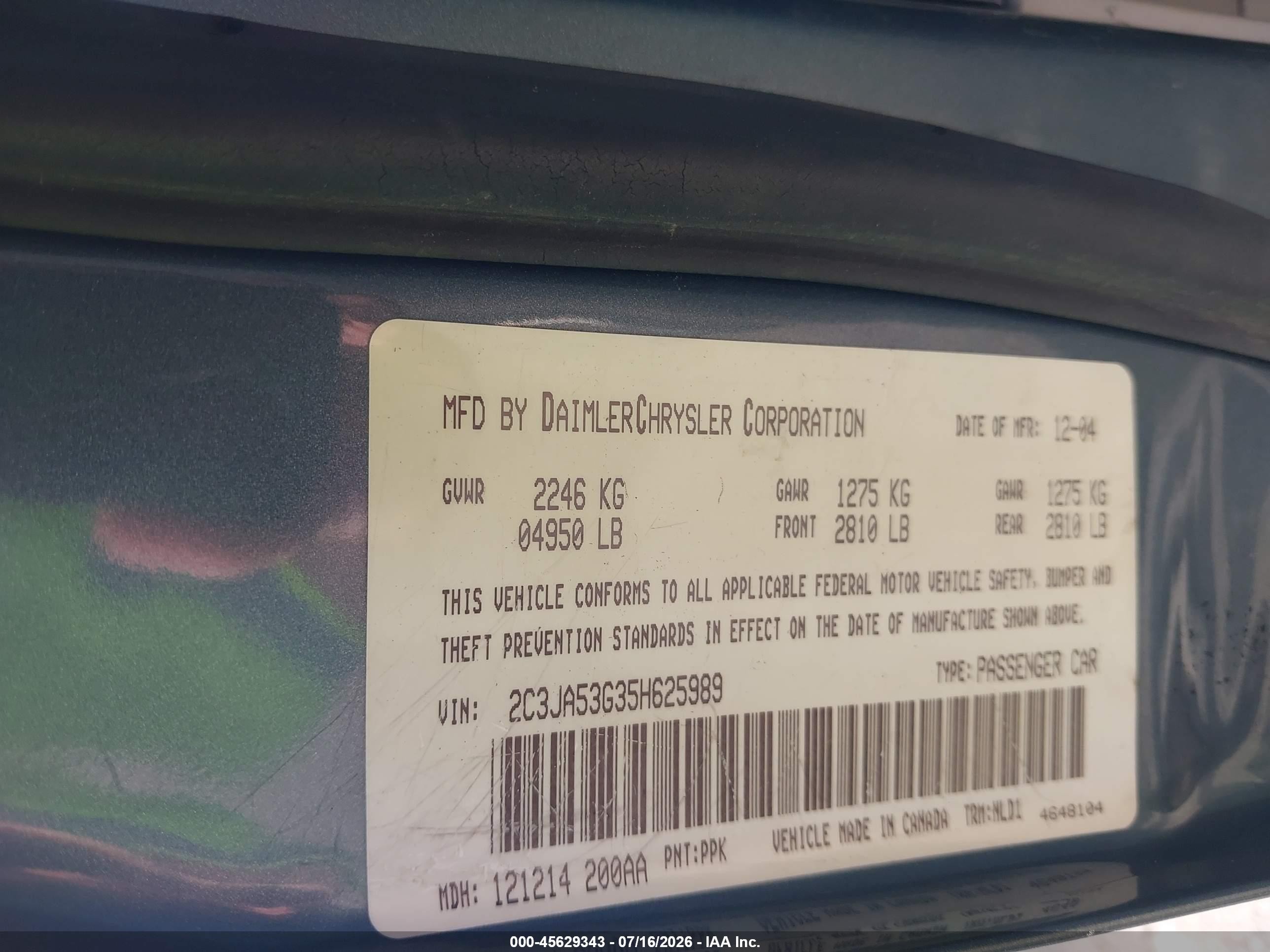 2005 Chrysler 300 Touring Light Blue vin: 2C3JA53G35H625989