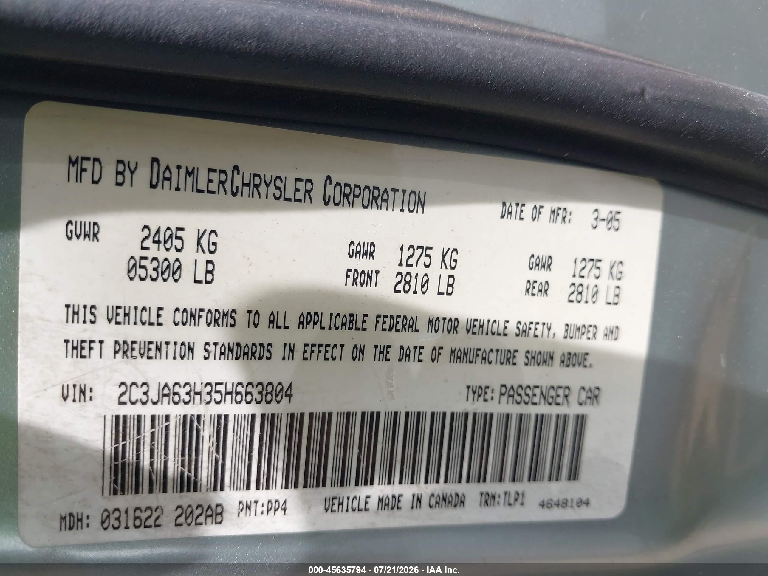 2005 Chrysler 300c   Light Blue vin: 2C3JA63H35H663804
