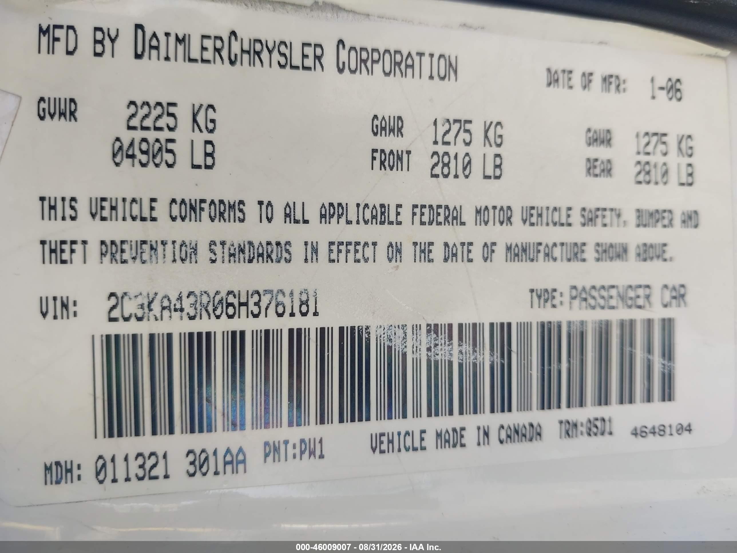 2006 Chrysler 300   White vin: 2C3KA43R06H376181