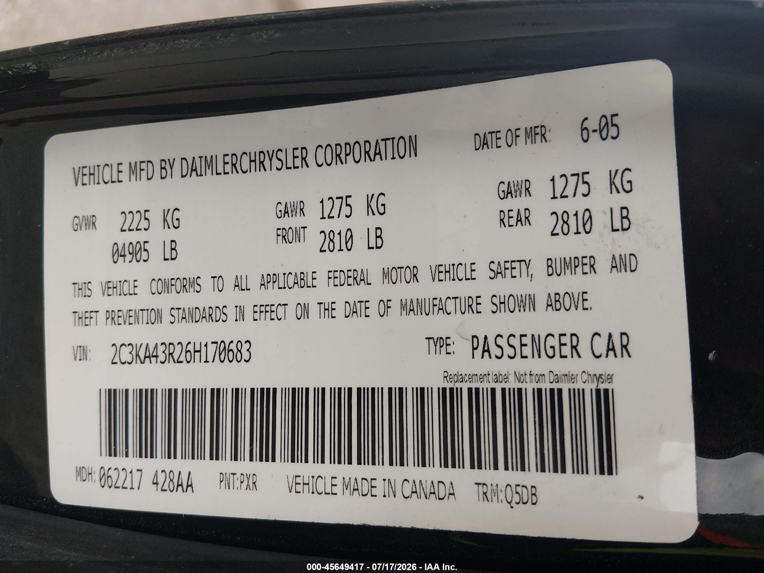 2006 Chrysler 300   Black vin: 2C3KA43R26H170683