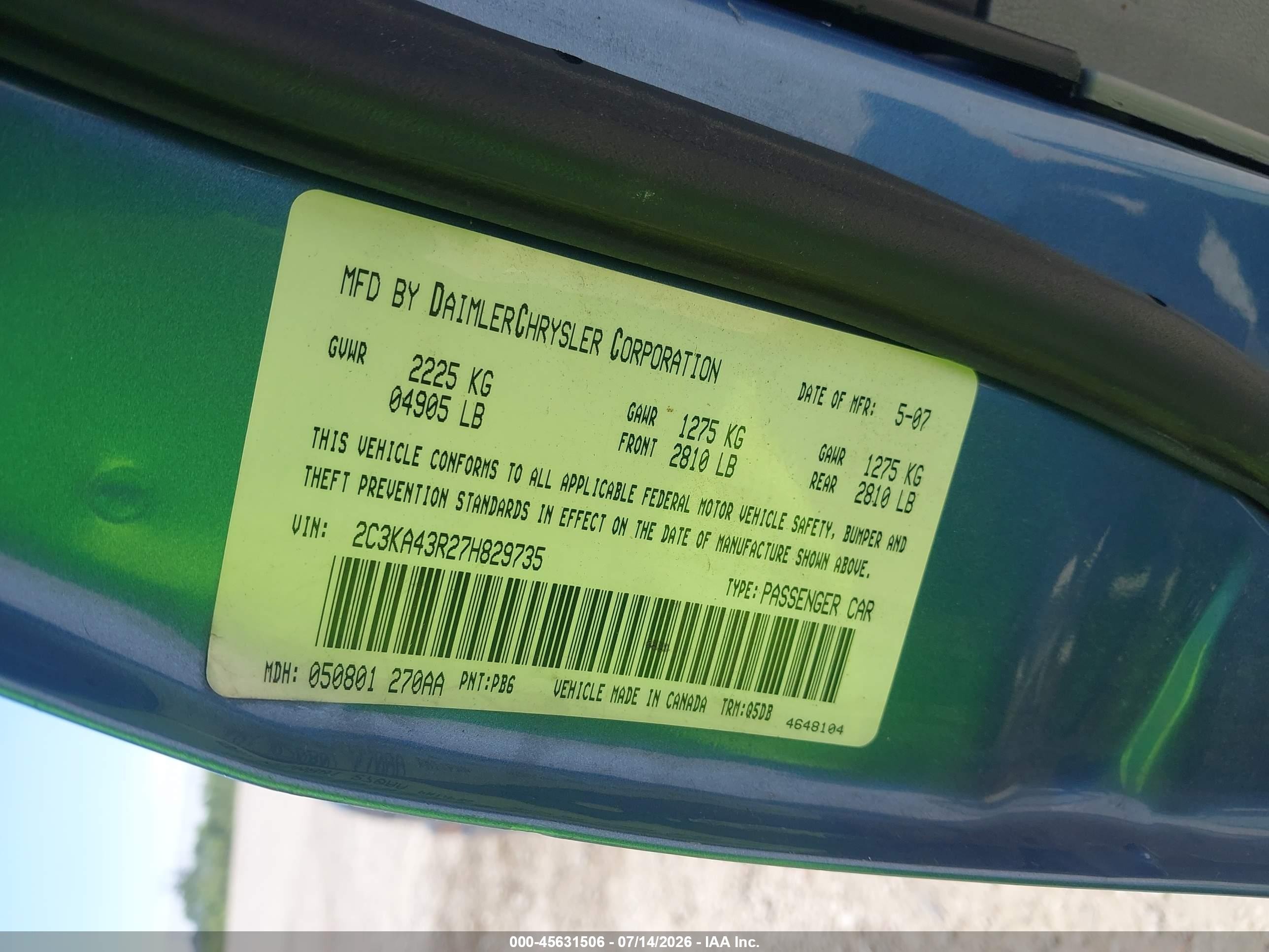 2007 Chrysler 300   Blue vin: 2C3KA43R27H829735