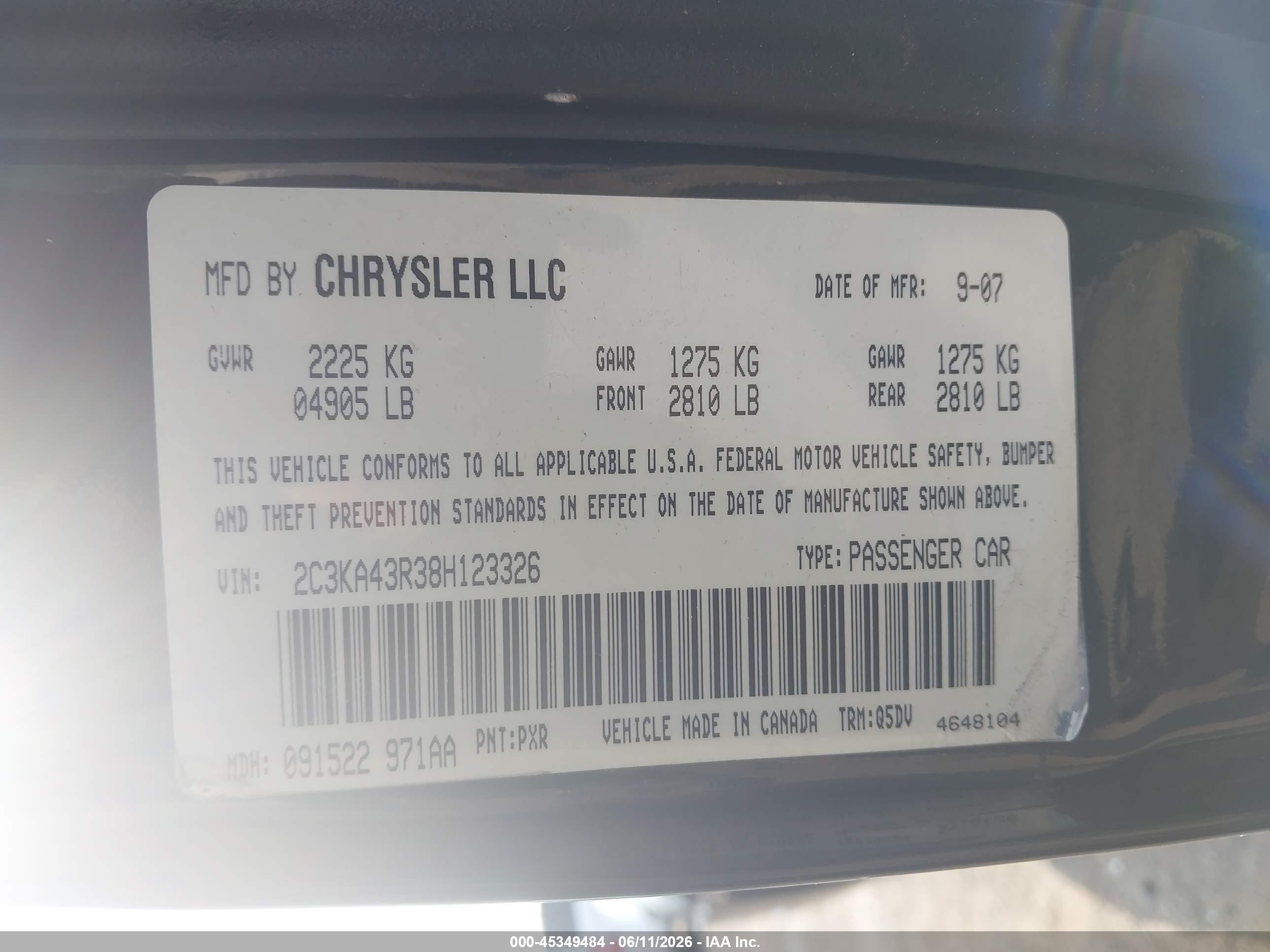 2008 Chrysler 300 Lx Black vin: 2C3KA43R38H123326