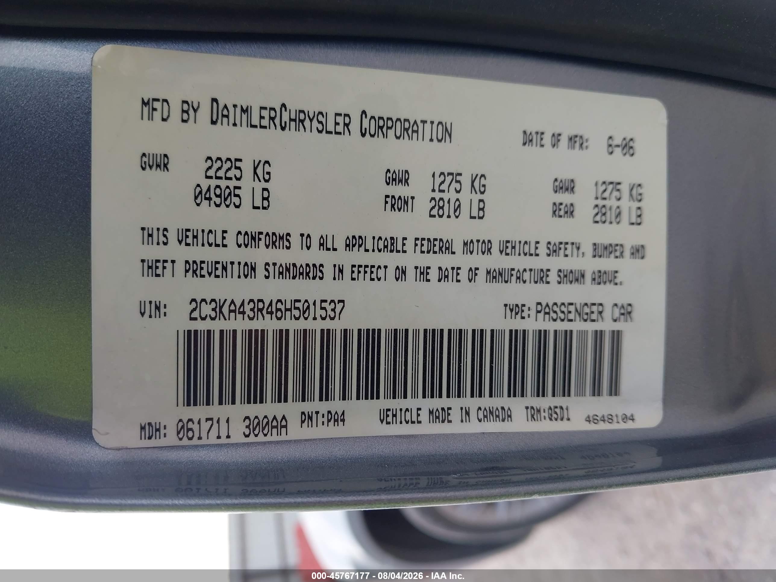 2006 Chrysler 300   Light Blue vin: 2C3KA43R46H501537