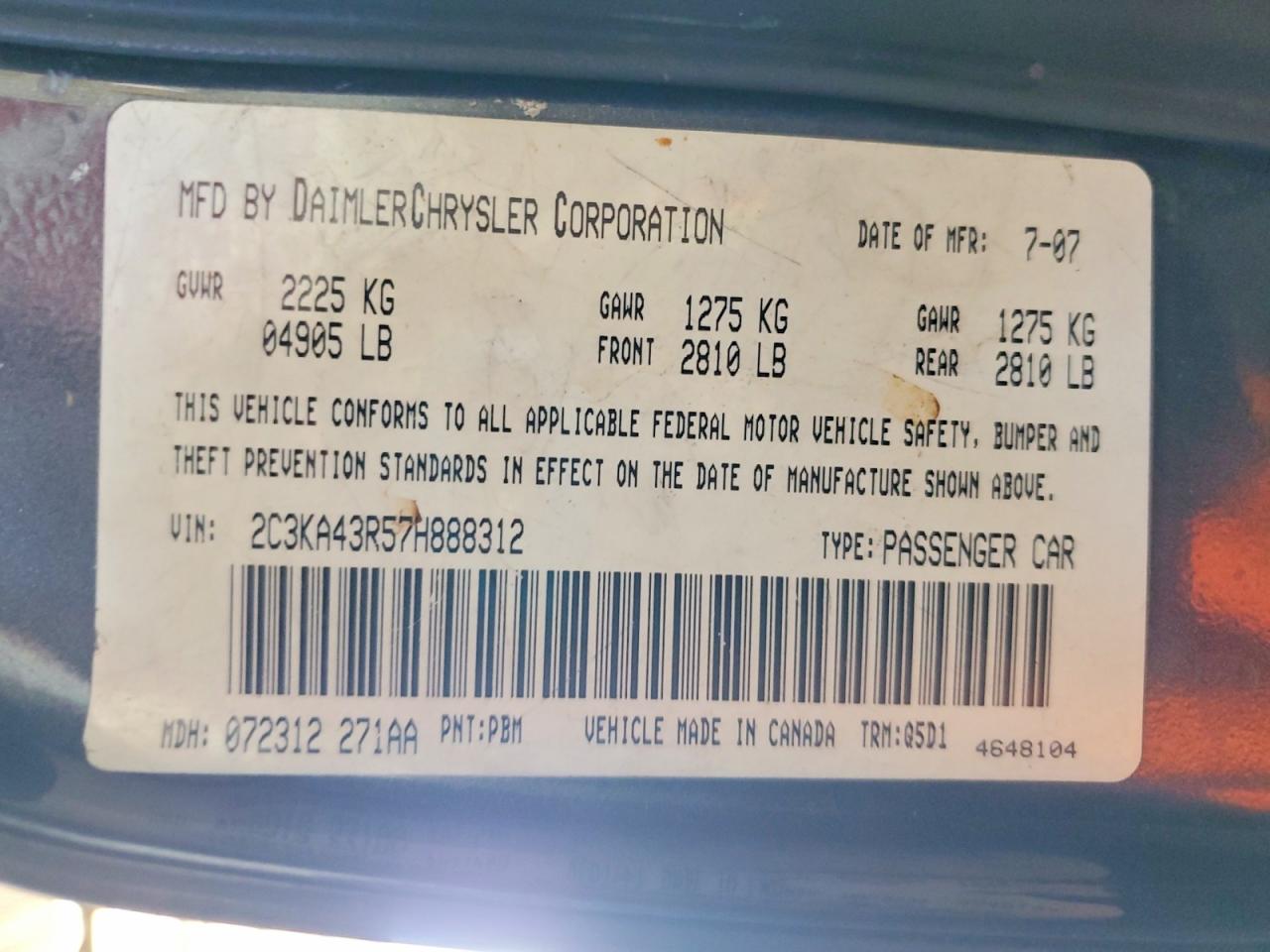 2007 Chrysler 300 Charcoal vin: 2C3KA43R57H888312