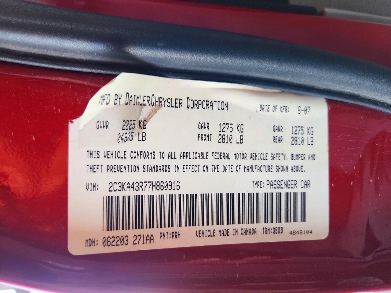 2007 Chrysler 300 Burgundy vin: 2C3KA43R77H860916
