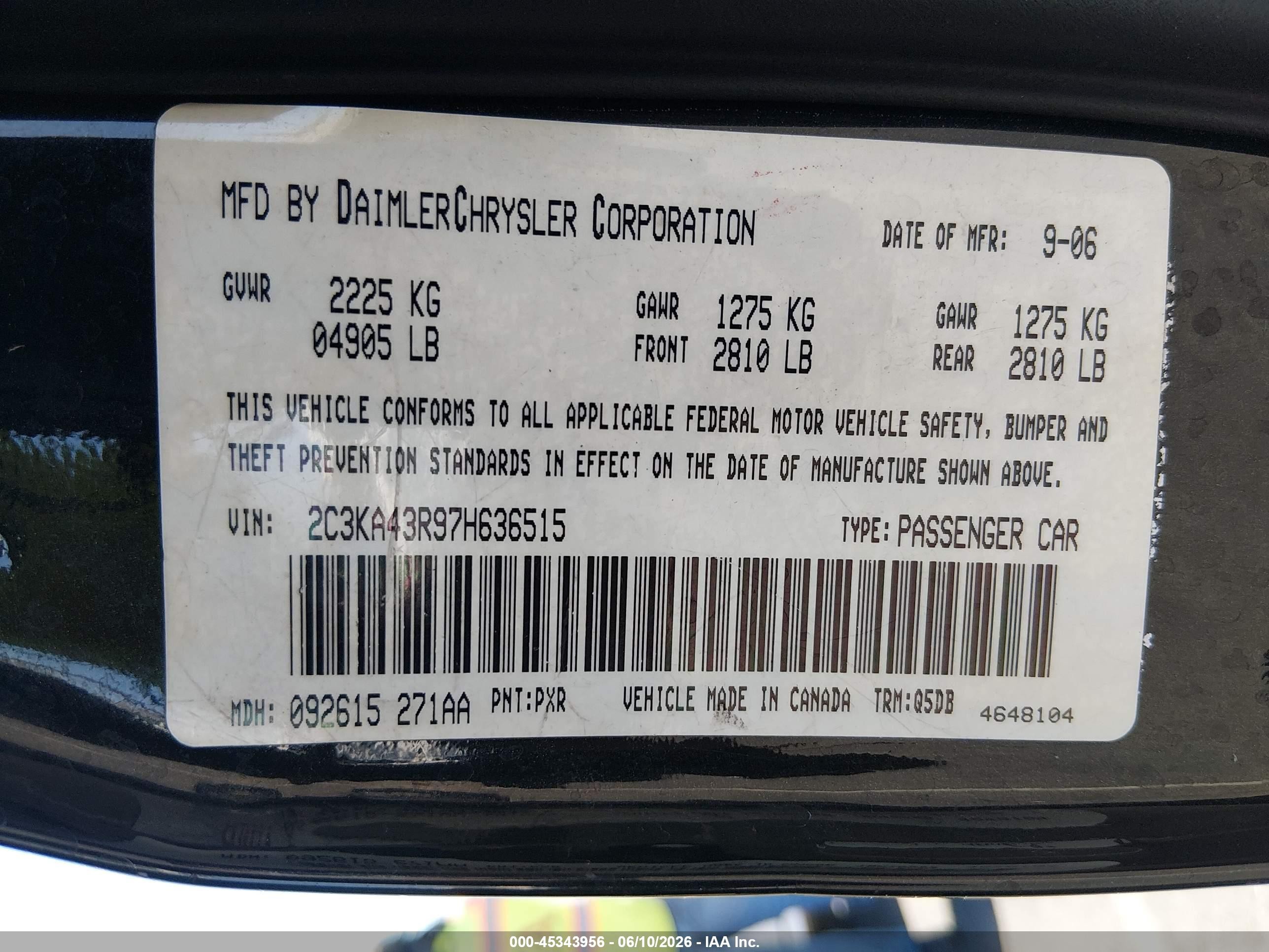 2007 Chrysler 300   Black vin: 2C3KA43R97H636515