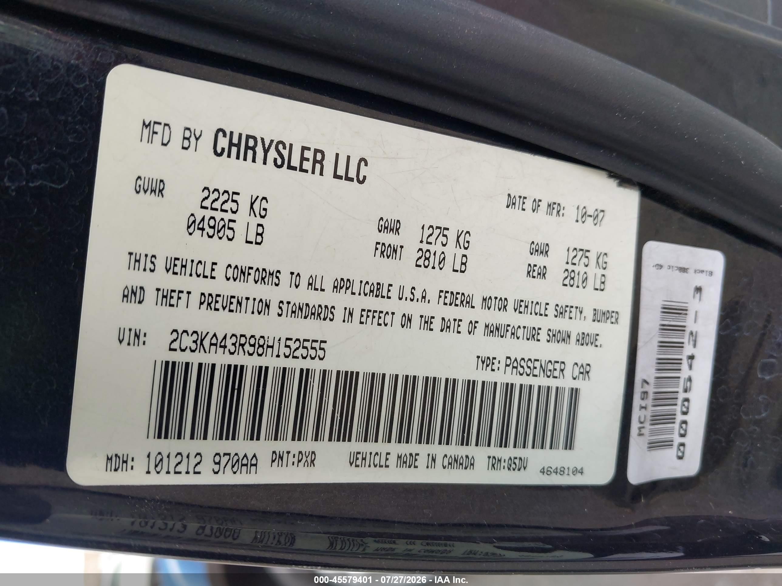 2008 Chrysler 300 Lx Black vin: 2C3KA43R98H152555