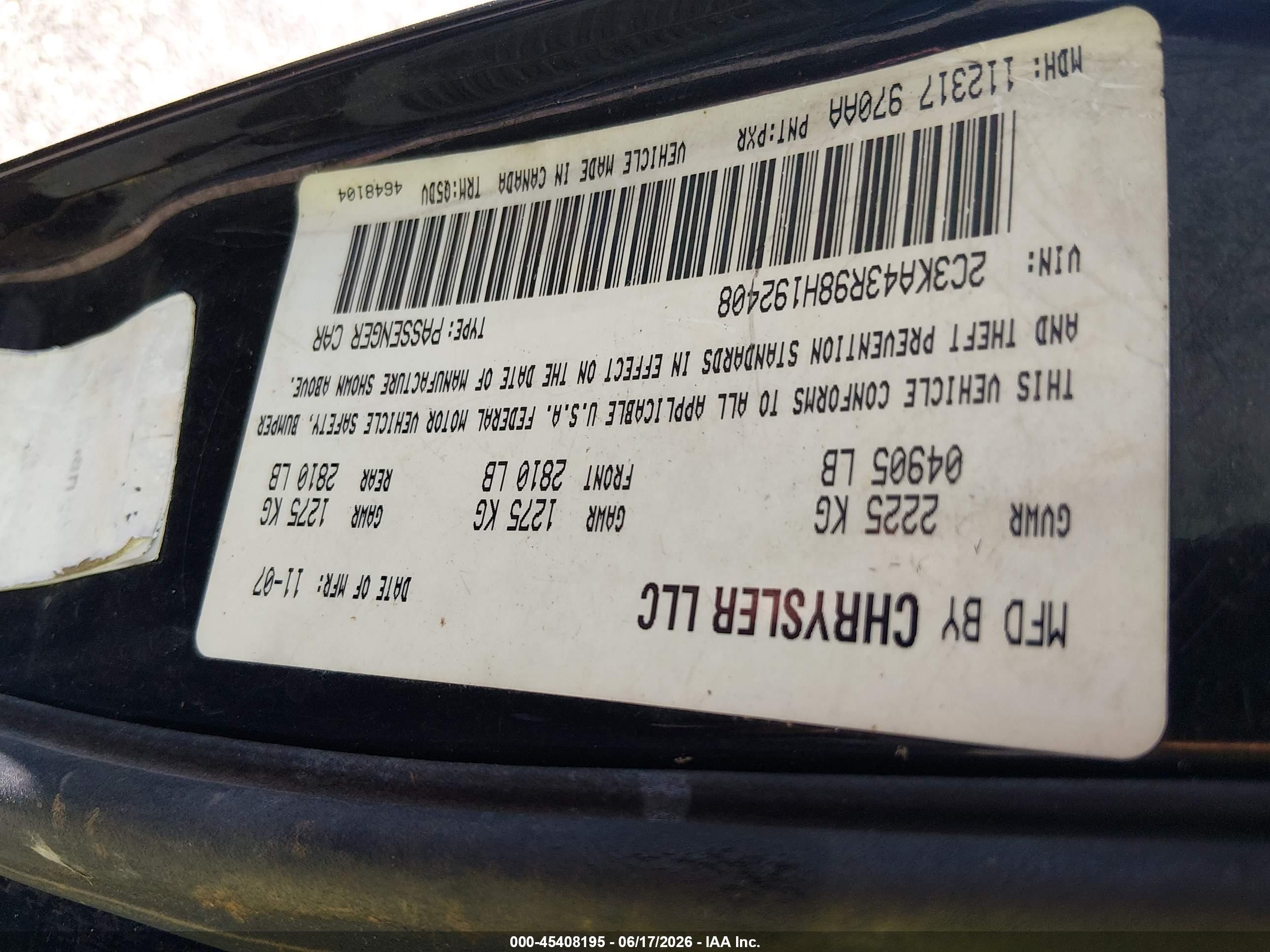 2008 Chrysler 300 Lx Black vin: 2C3KA43R98H192408