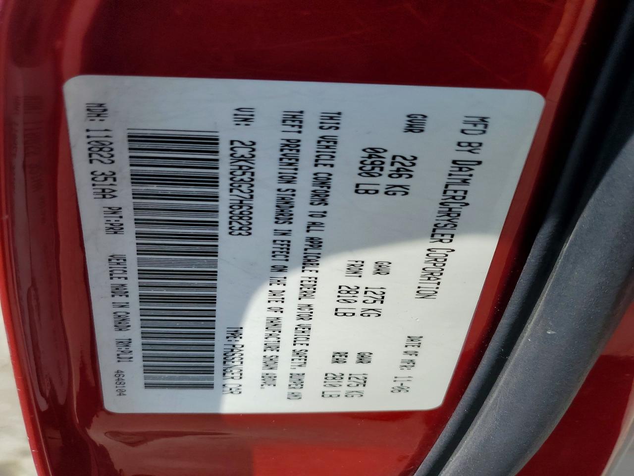 2007 Chrysler 300 Touring Red vin: 2C3KA53G27H698293
