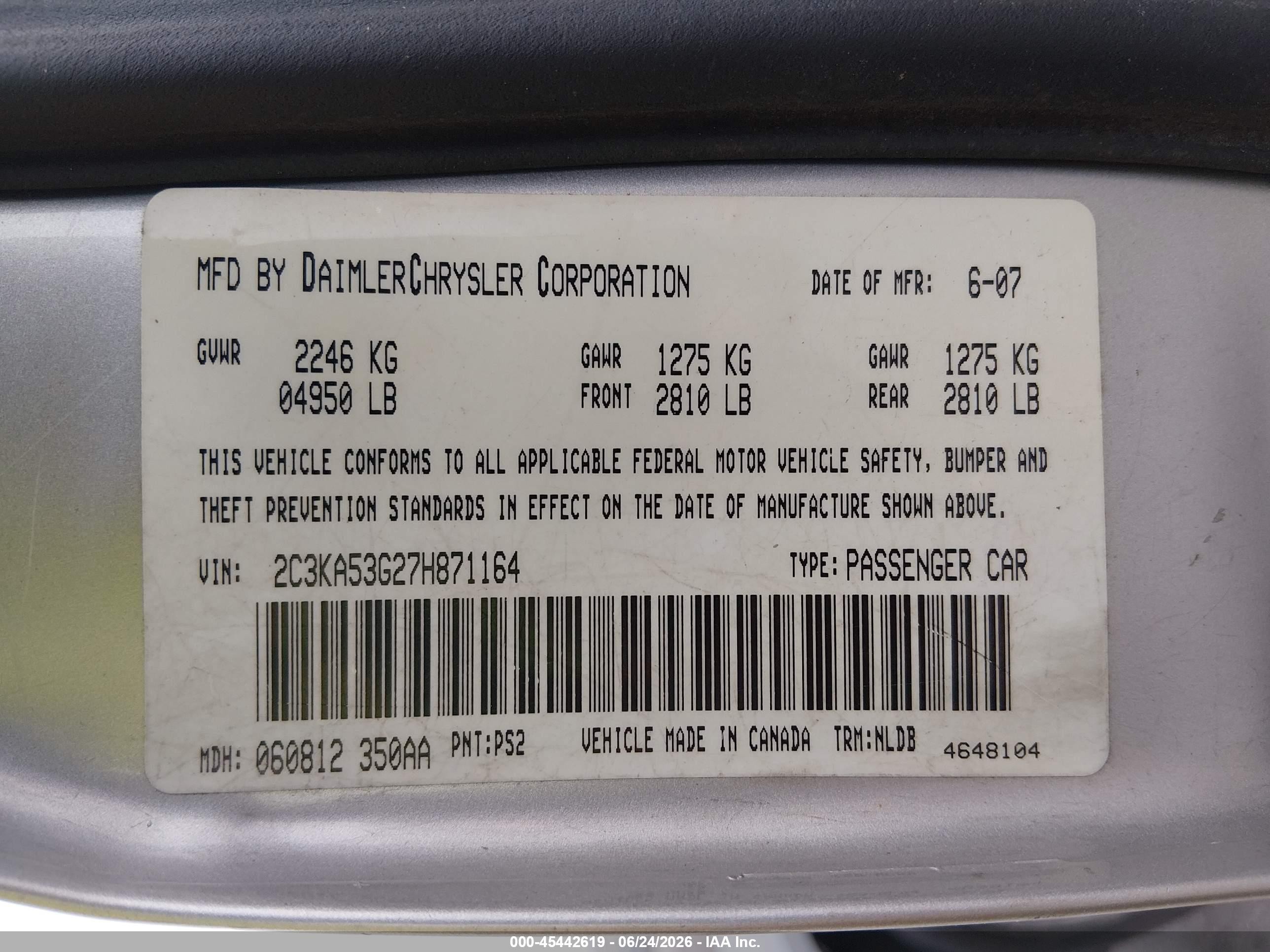 2007 Chrysler 300 Touring Silver vin: 2C3KA53G27H871164
