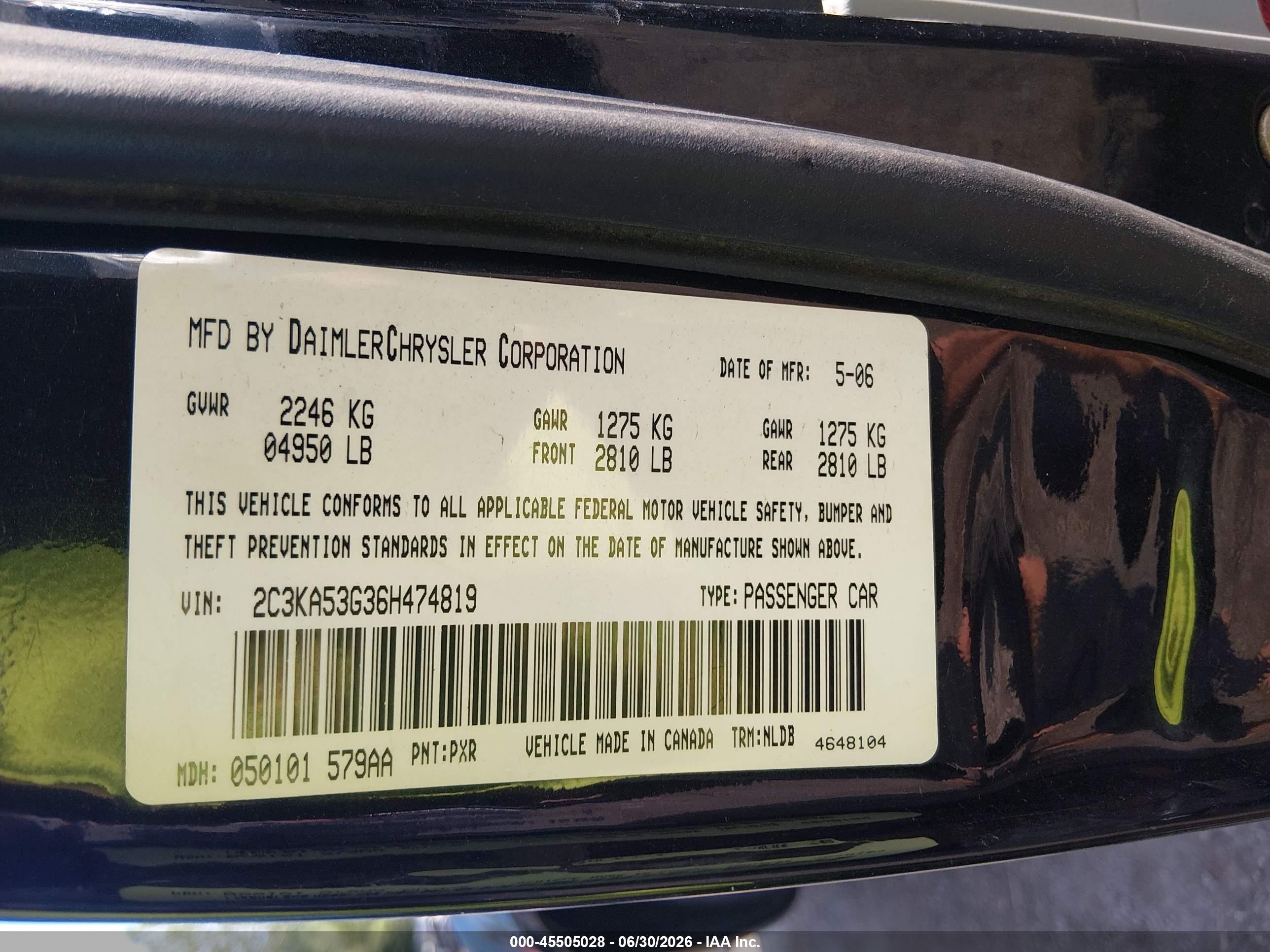2006 Chrysler 300 Touring Black vin: 2C3KA53G36H474819