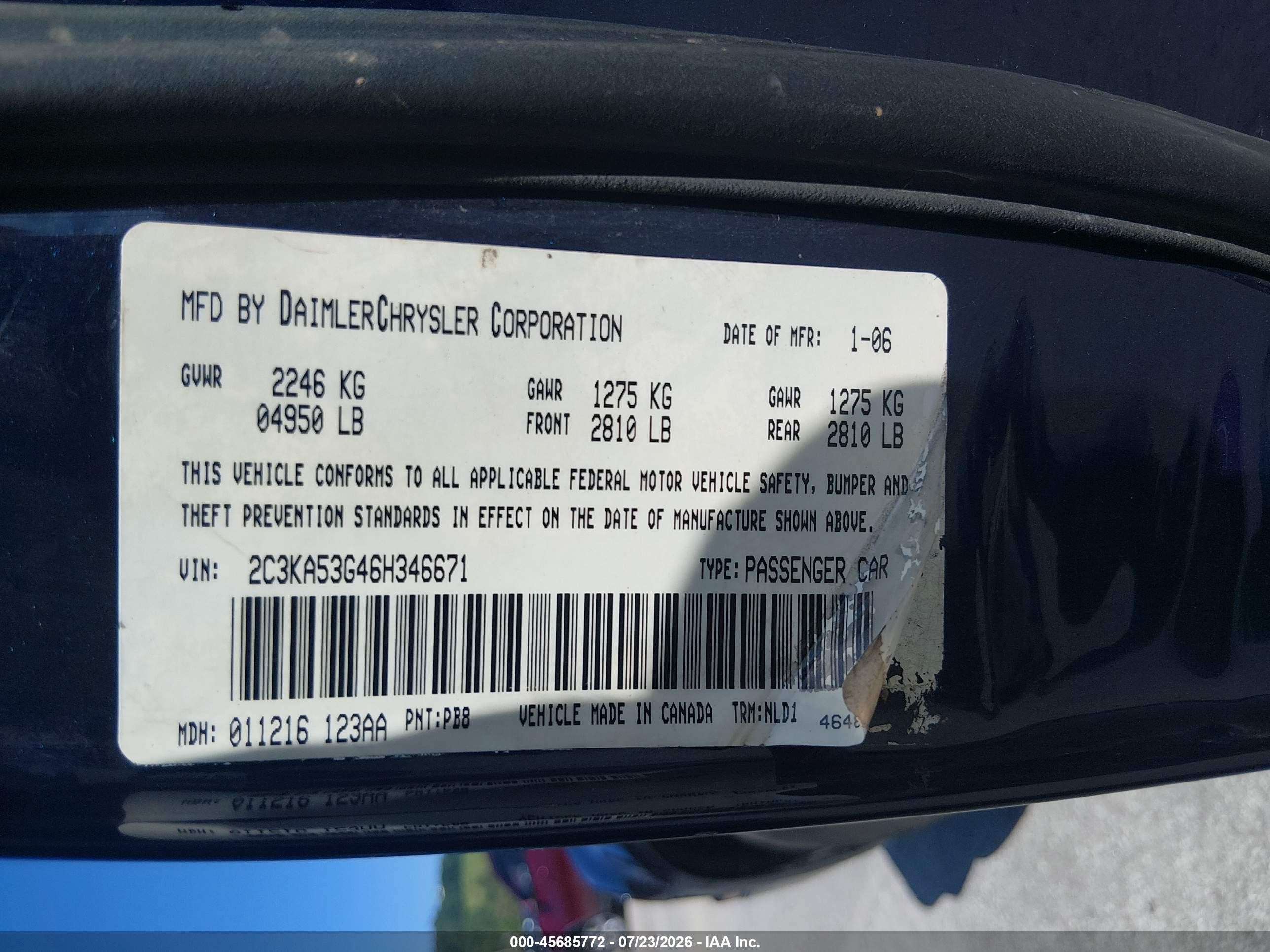 2006 Chrysler 300 Touring Синий vin: 2C3KA53G46H346671