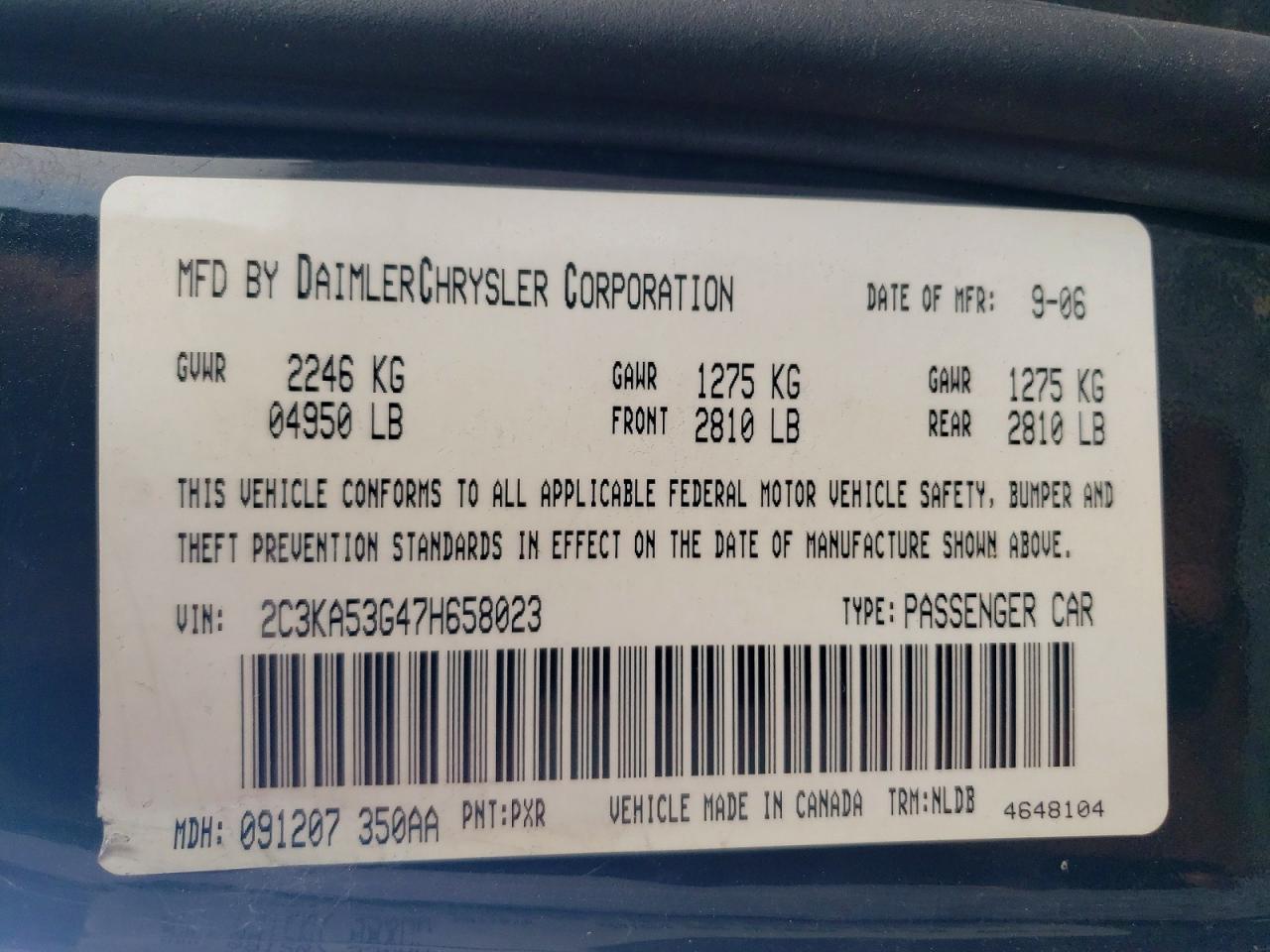 2007 Chrysler 300 Touring Black vin: 2C3KA53G47H658023