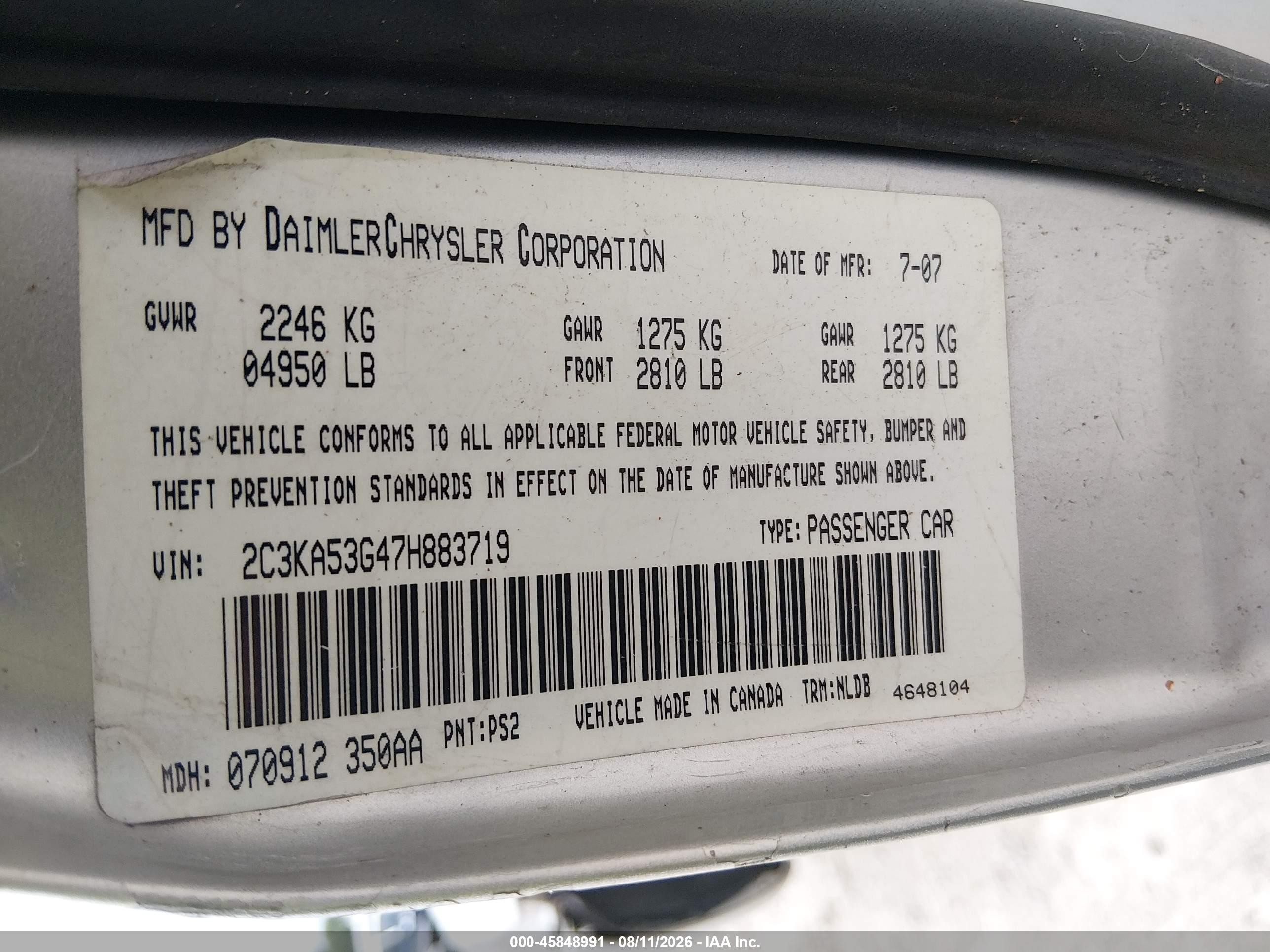 2007 Chrysler 300 Touring Gray vin: 2C3KA53G47H883719