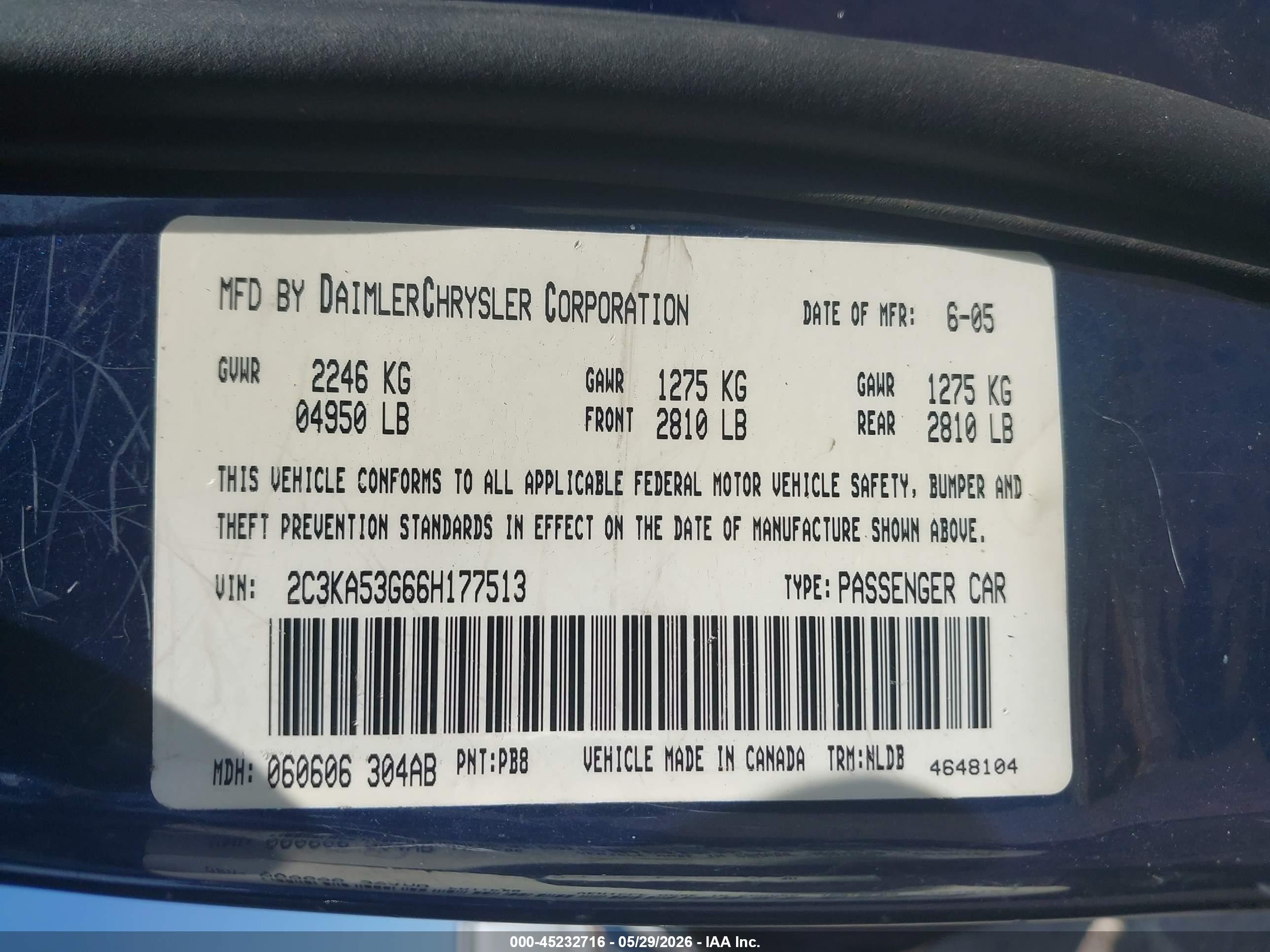 2006 Chrysler 300 Touring Blue vin: 2C3KA53G66H177513