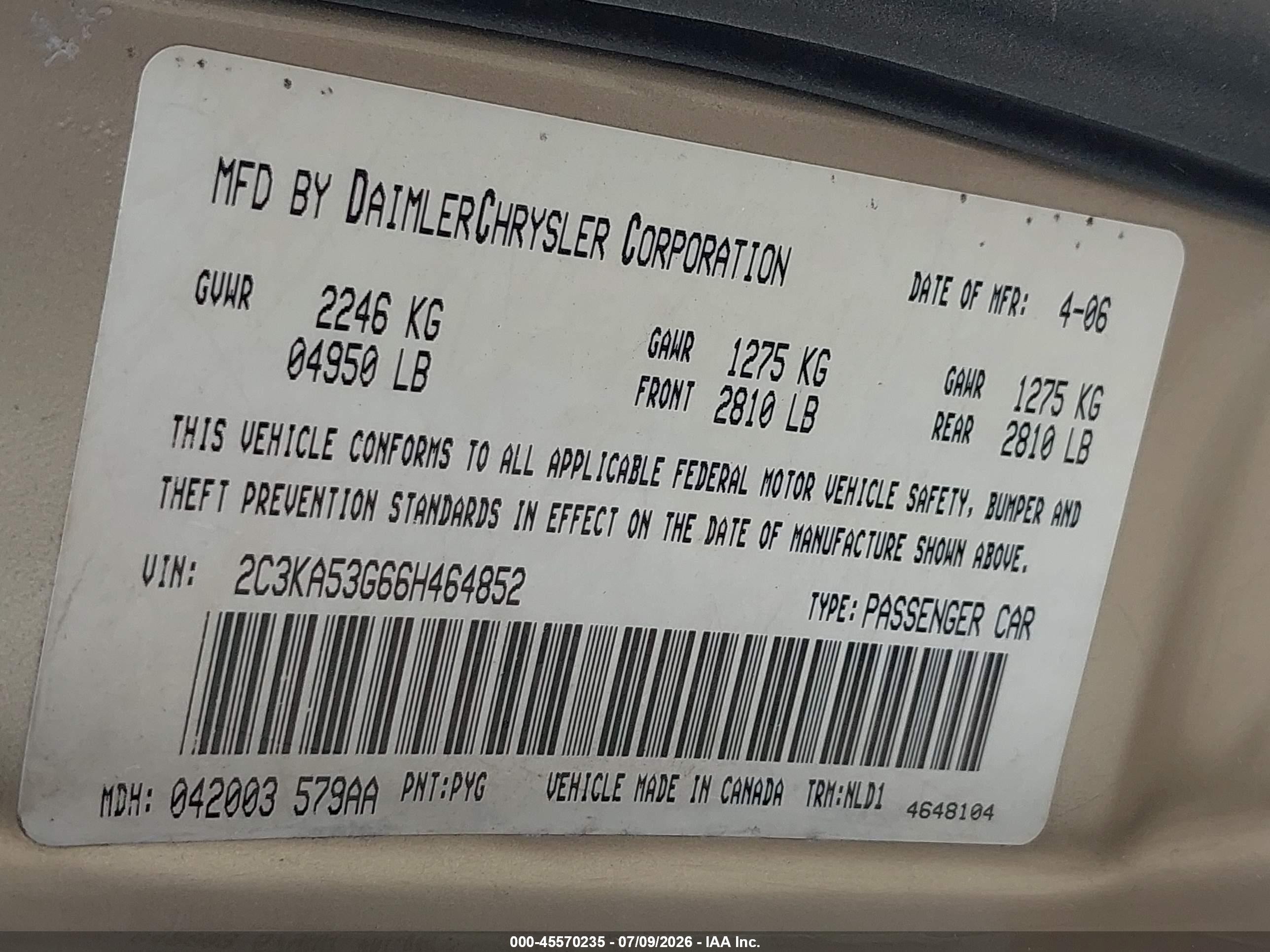 2006 Chrysler 300 Touring Gold vin: 2C3KA53G66H464852
