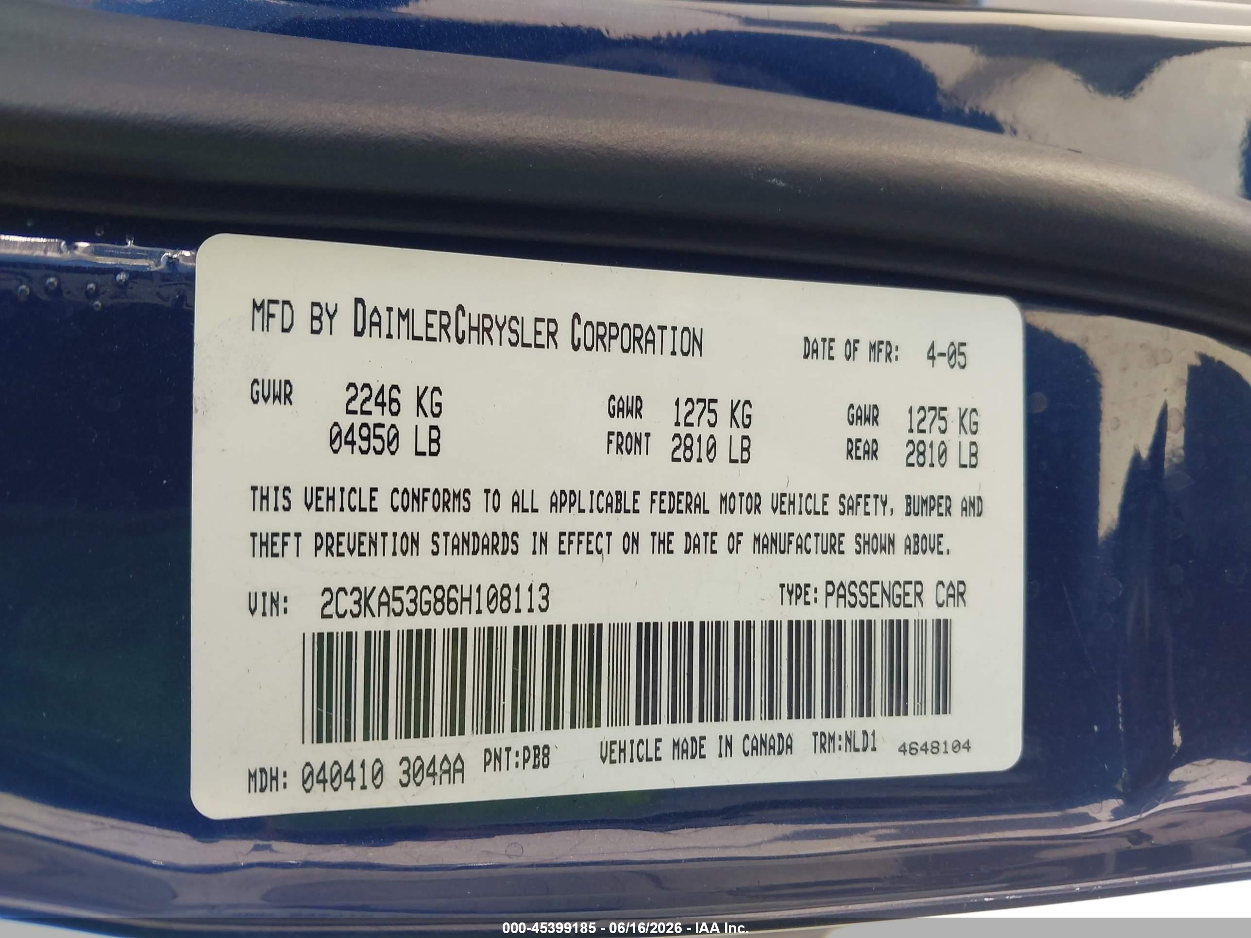 2006 Chrysler 300 Touring Blue vin: 2C3KA53G86H108113