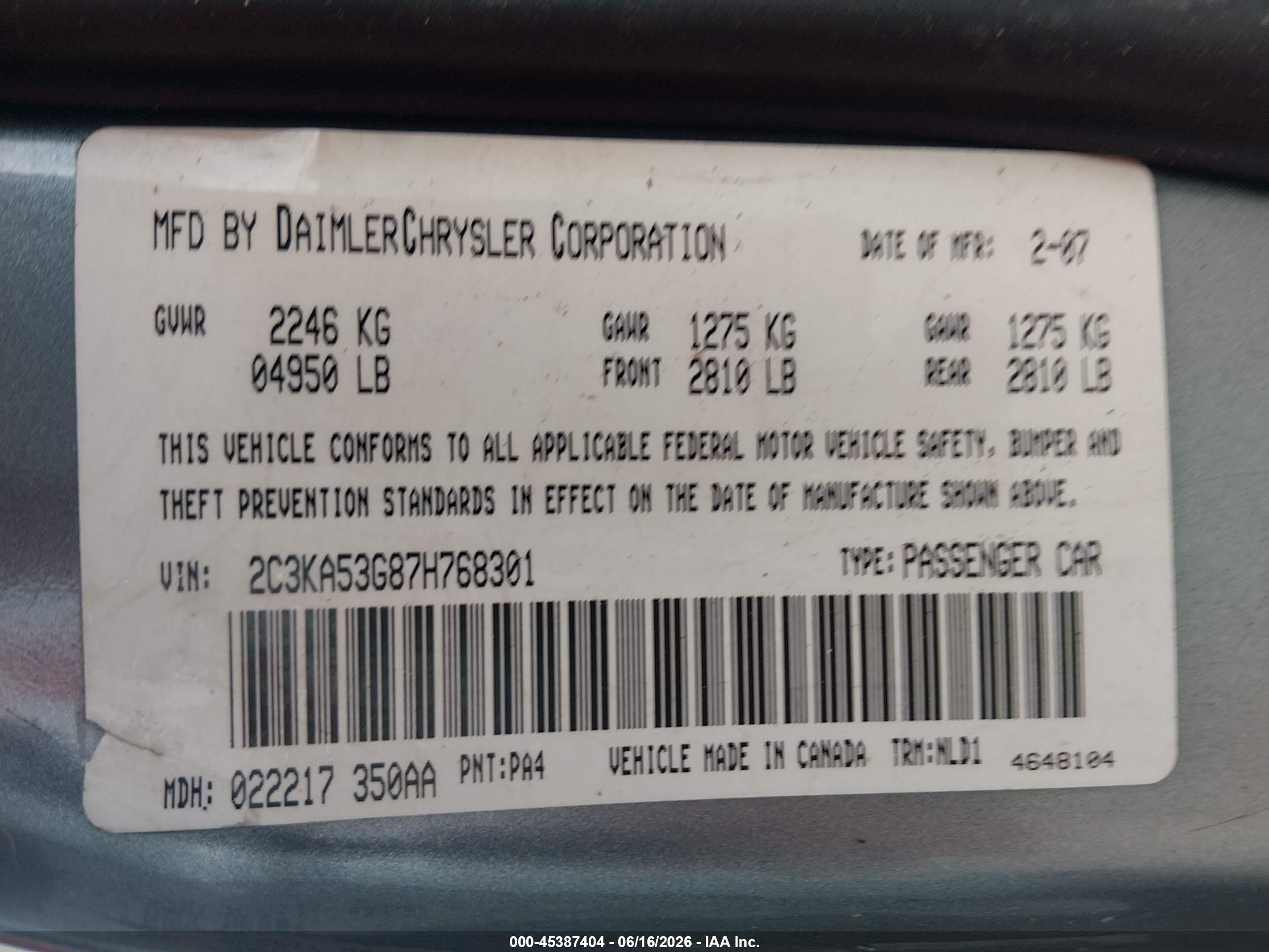2007 Chrysler 300 Touring Gray vin: 2C3KA53G87H768301