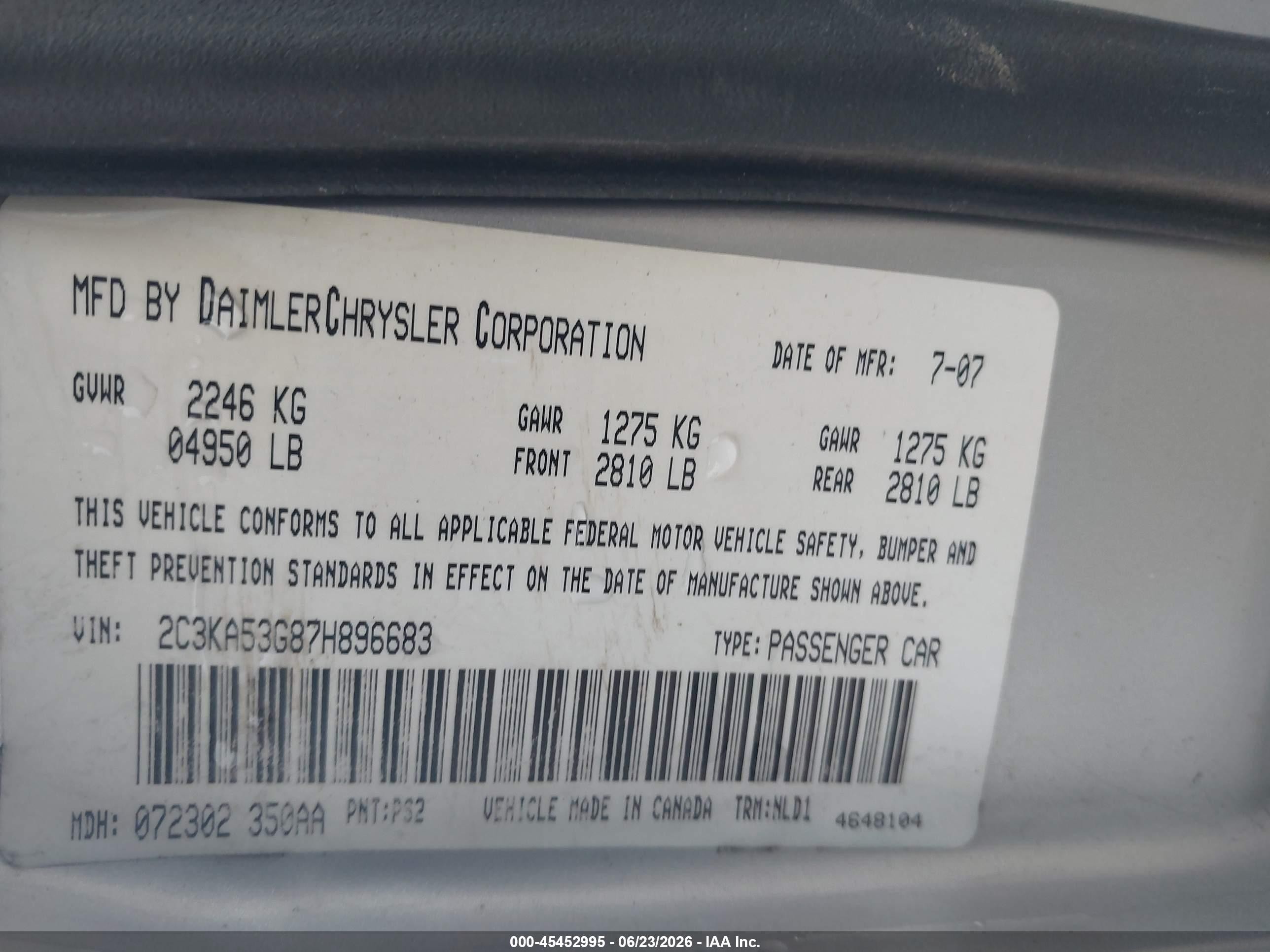 2007 Chrysler 300 Touring Silver vin: 2C3KA53G87H896683