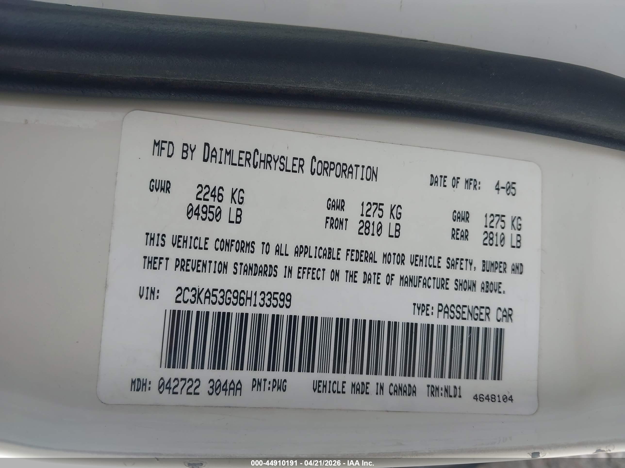2006 Chrysler 300 Touring Белый vin: 2C3KA53G96H133599