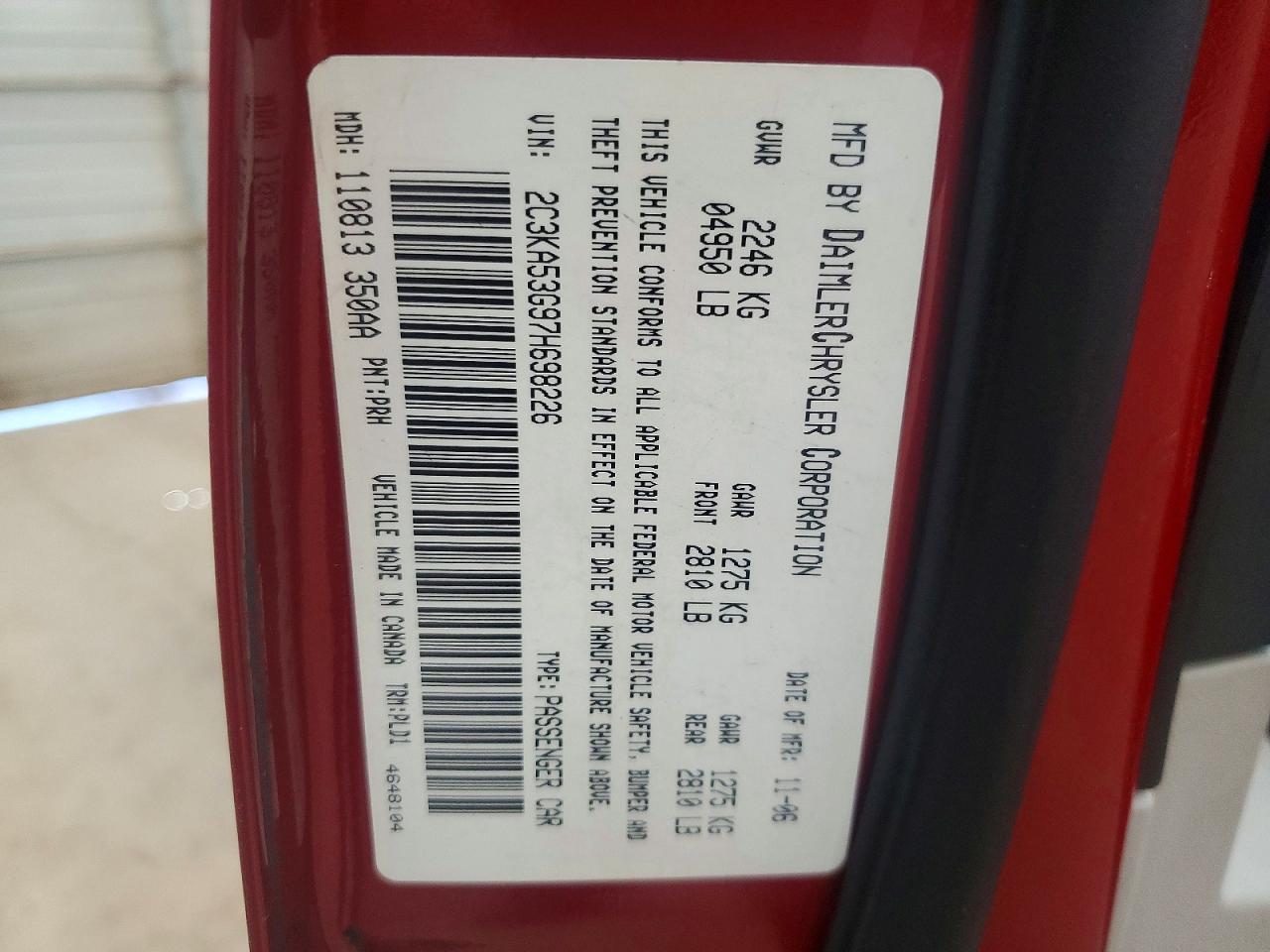 2007 Chrysler 300 Touring Red vin: 2C3KA53G97H698226