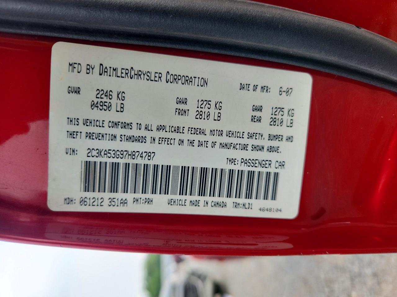2007 Chrysler 300 Touring Red vin: 2C3KA53G97H874787
