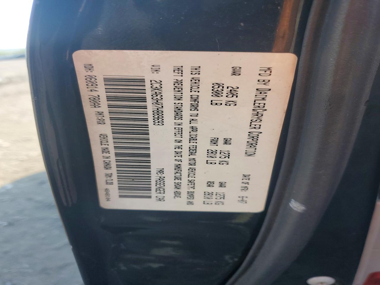 2007 Chrysler 300c Black vin: 2C3KA63H07H889693