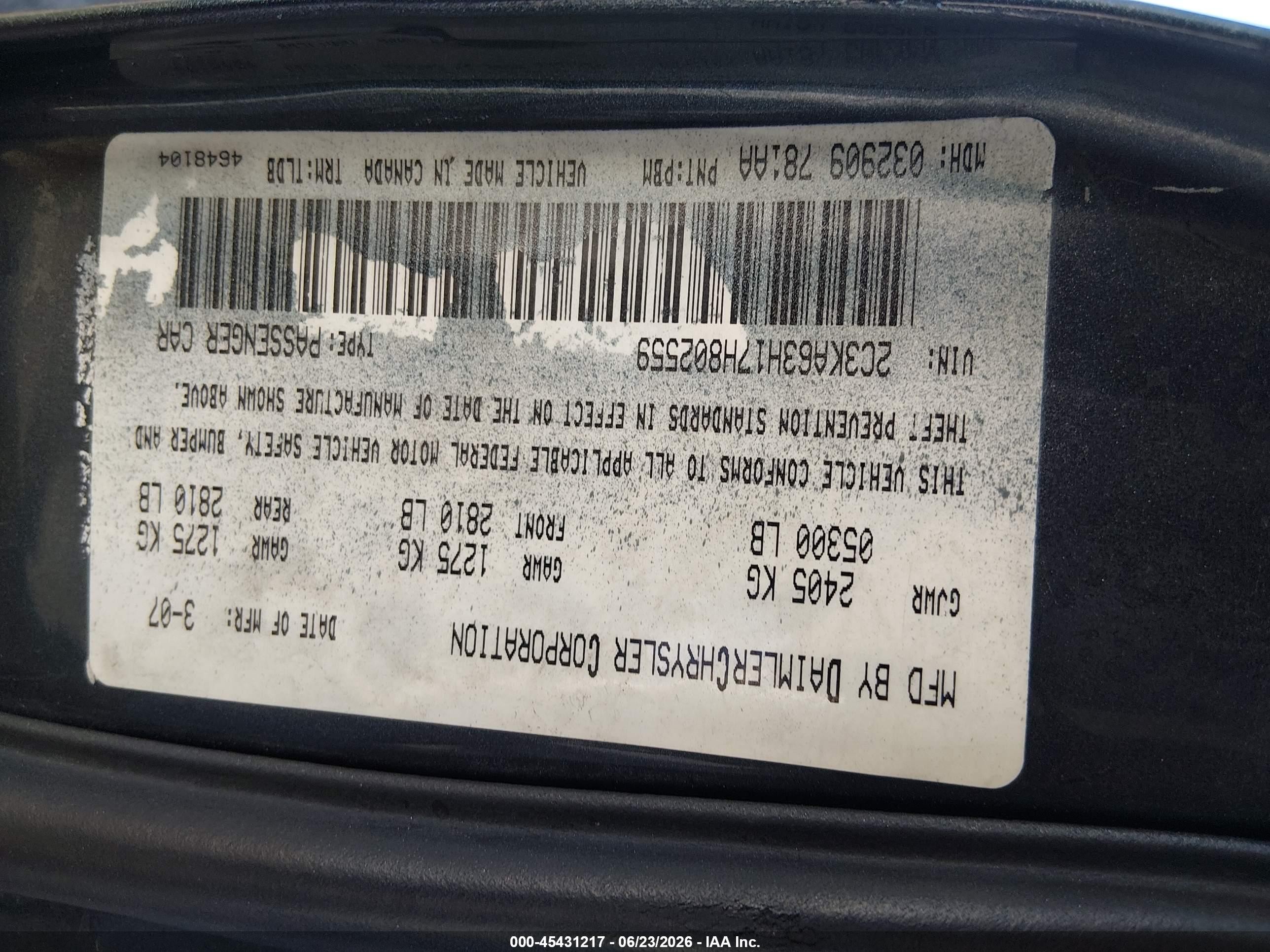 2007 Chrysler 300c   Синий vin: 2C3KA63H17H802559