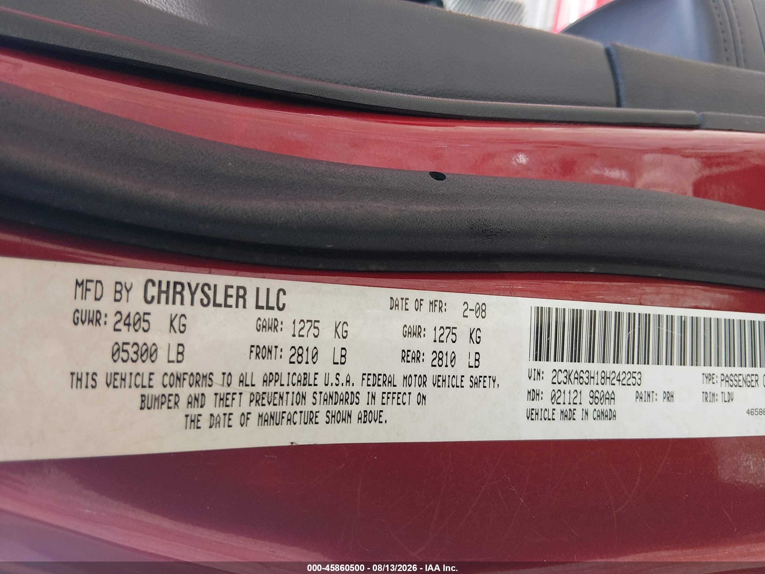 2008 Chrysler 300c Hemi Red vin: 2C3KA63H18H242253