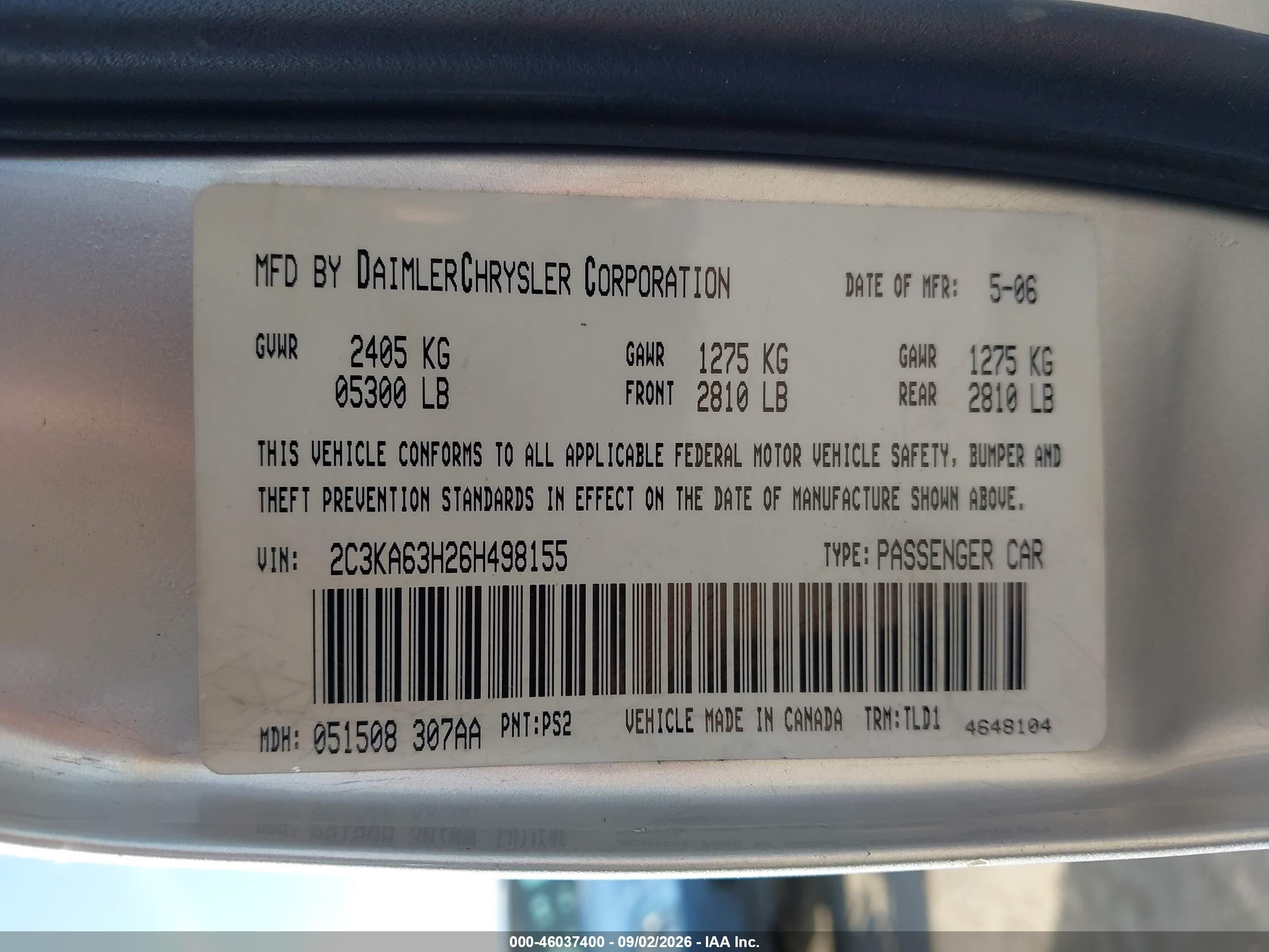 2006 Chrysler 300c   Silver vin: 2C3KA63H26H498155