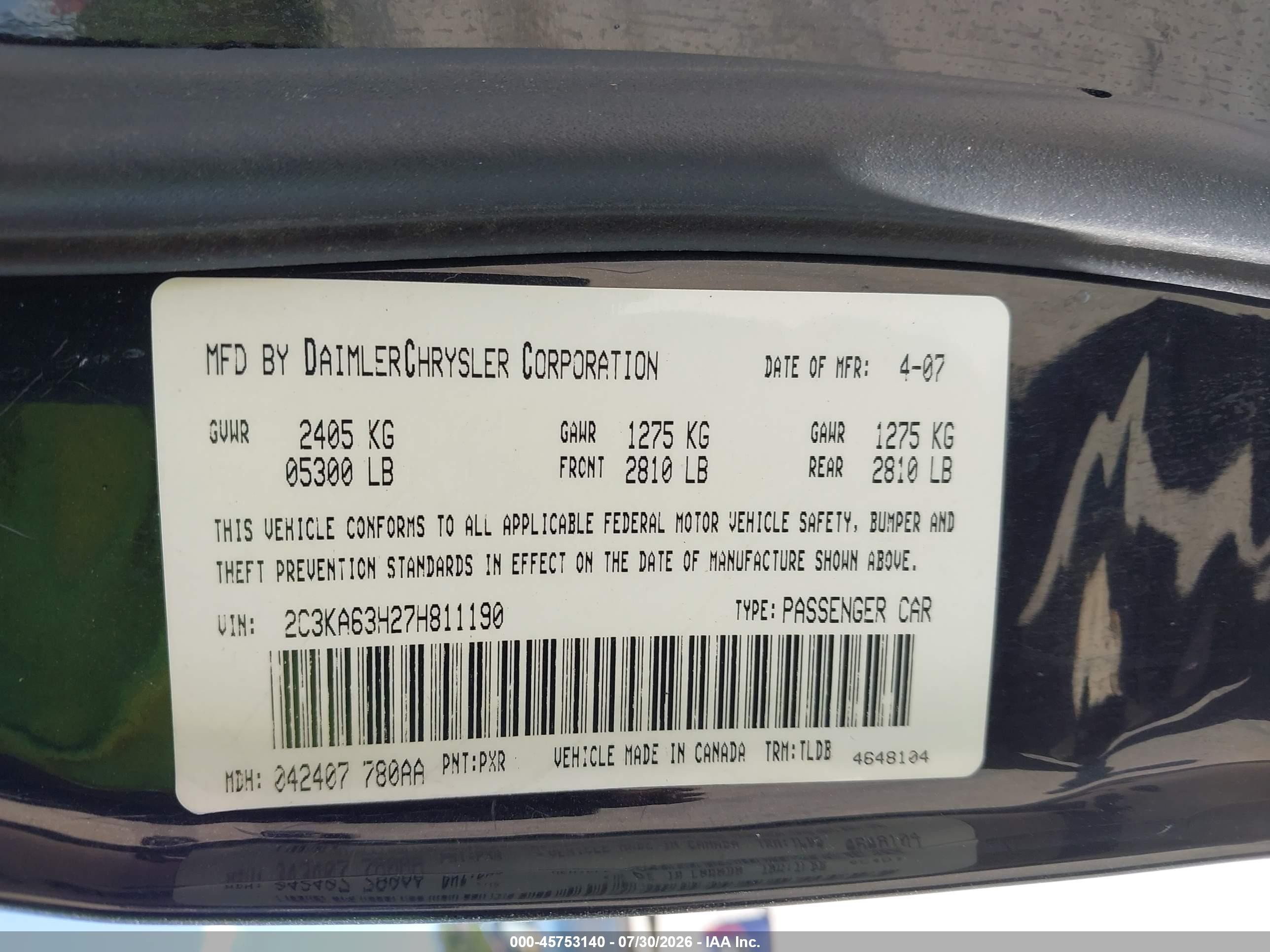 2007 Chrysler 300c   Gray vin: 2C3KA63H27H811190