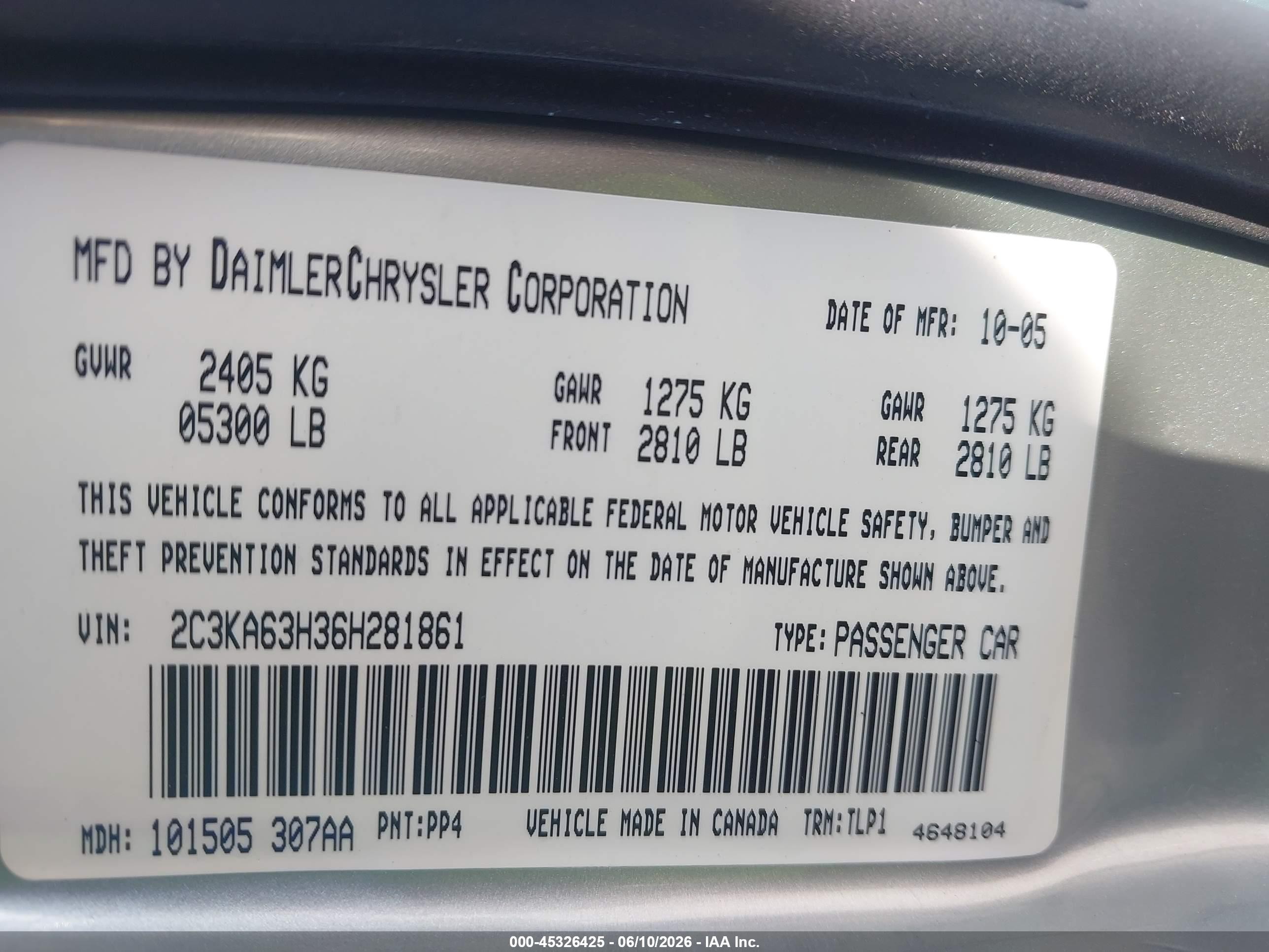 2006 Chrysler 300c   Teal vin: 2C3KA63H36H281861