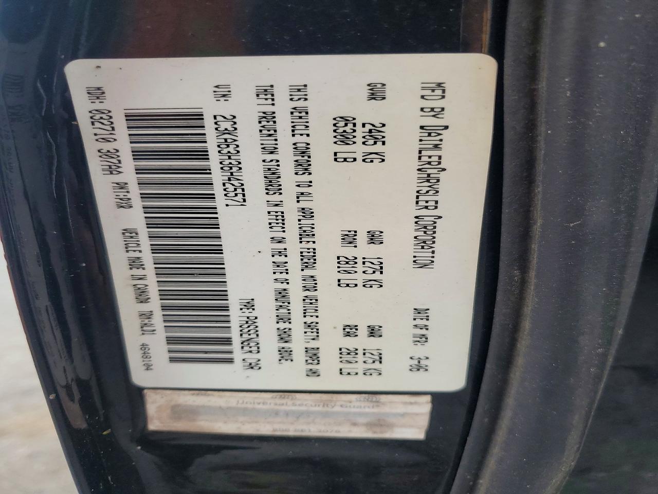 2006 Chrysler 300c Black vin: 2C3KA63H36H425571