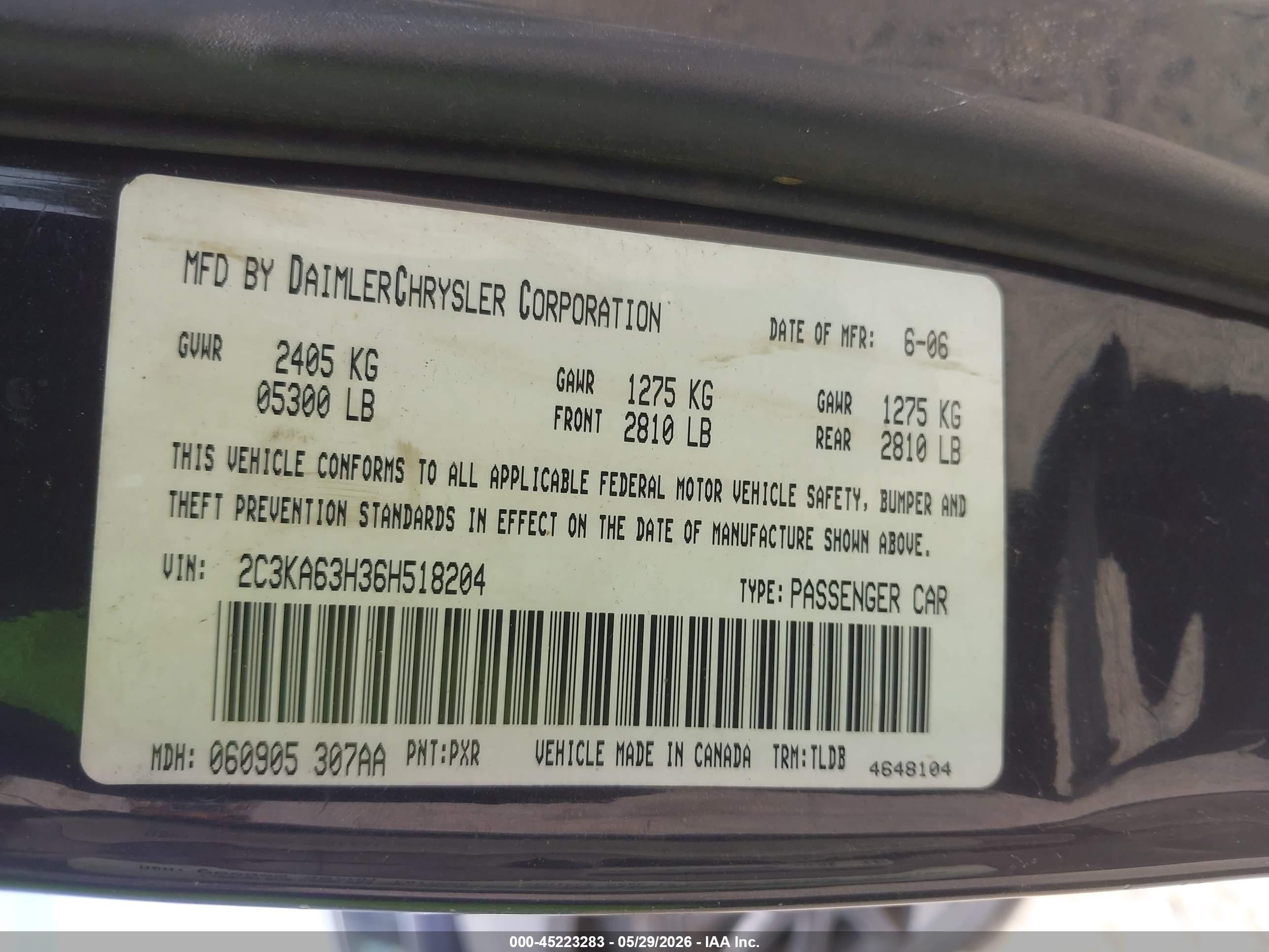 2006 Chrysler 300c   Black vin: 2C3KA63H36H518204