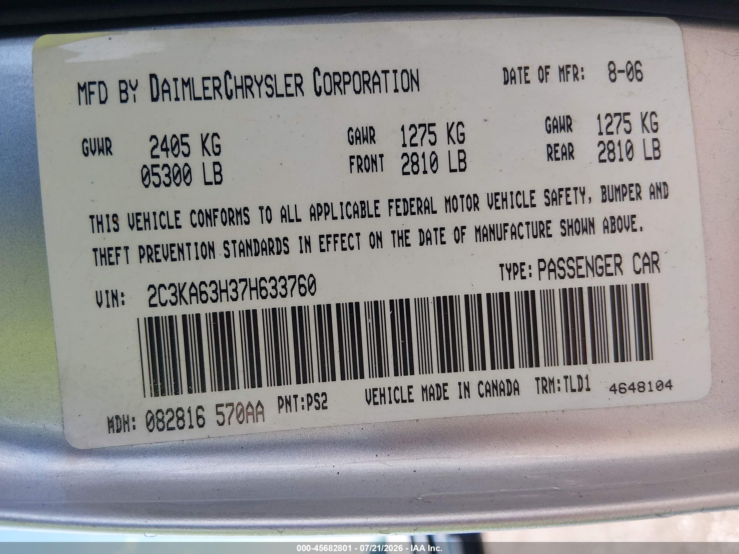 2007 Chrysler 300c   Silver vin: 2C3KA63H37H633760