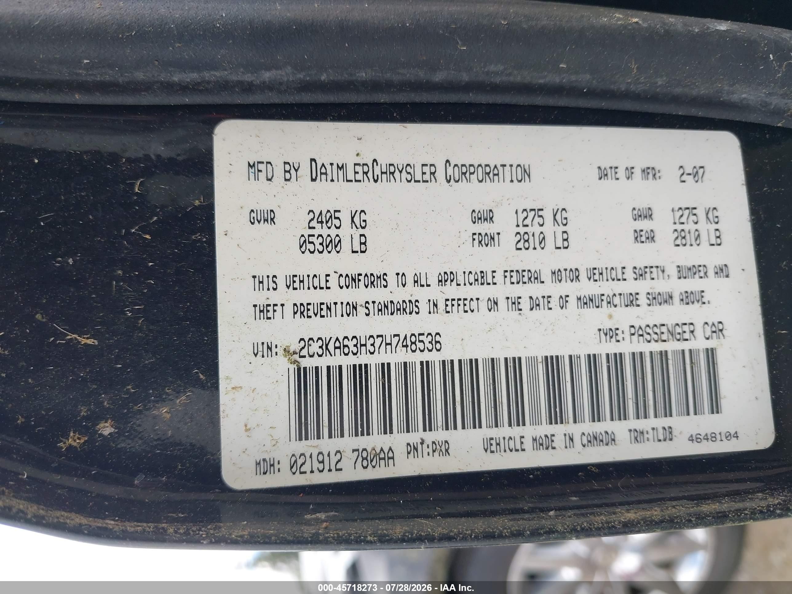 2007 Chrysler 300c   Черный vin: 2C3KA63H37H748536
